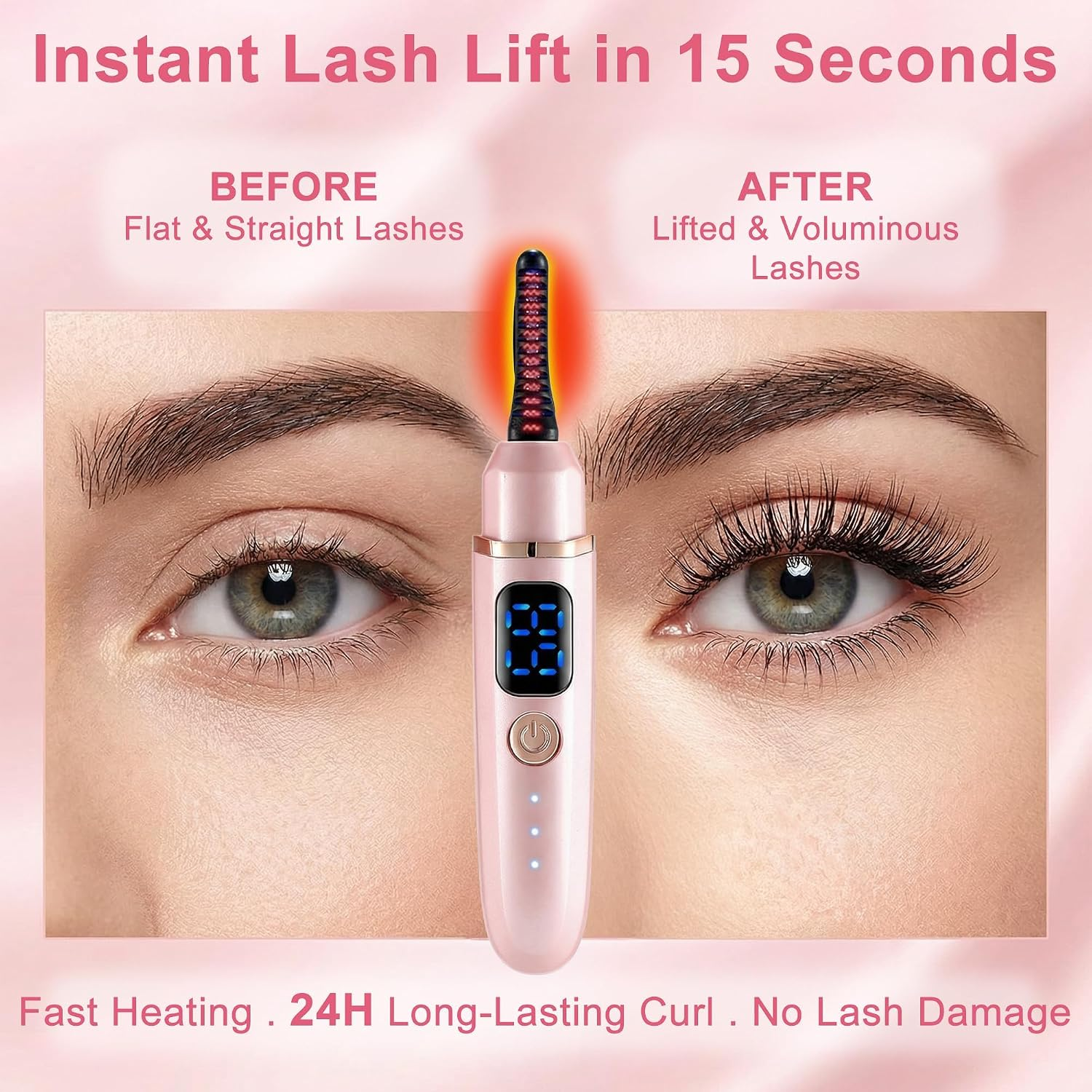 Vergleich von geraden Wimpern vorher und geschwungenen Wimpern nachher mit elektrischer Wimpernzange.