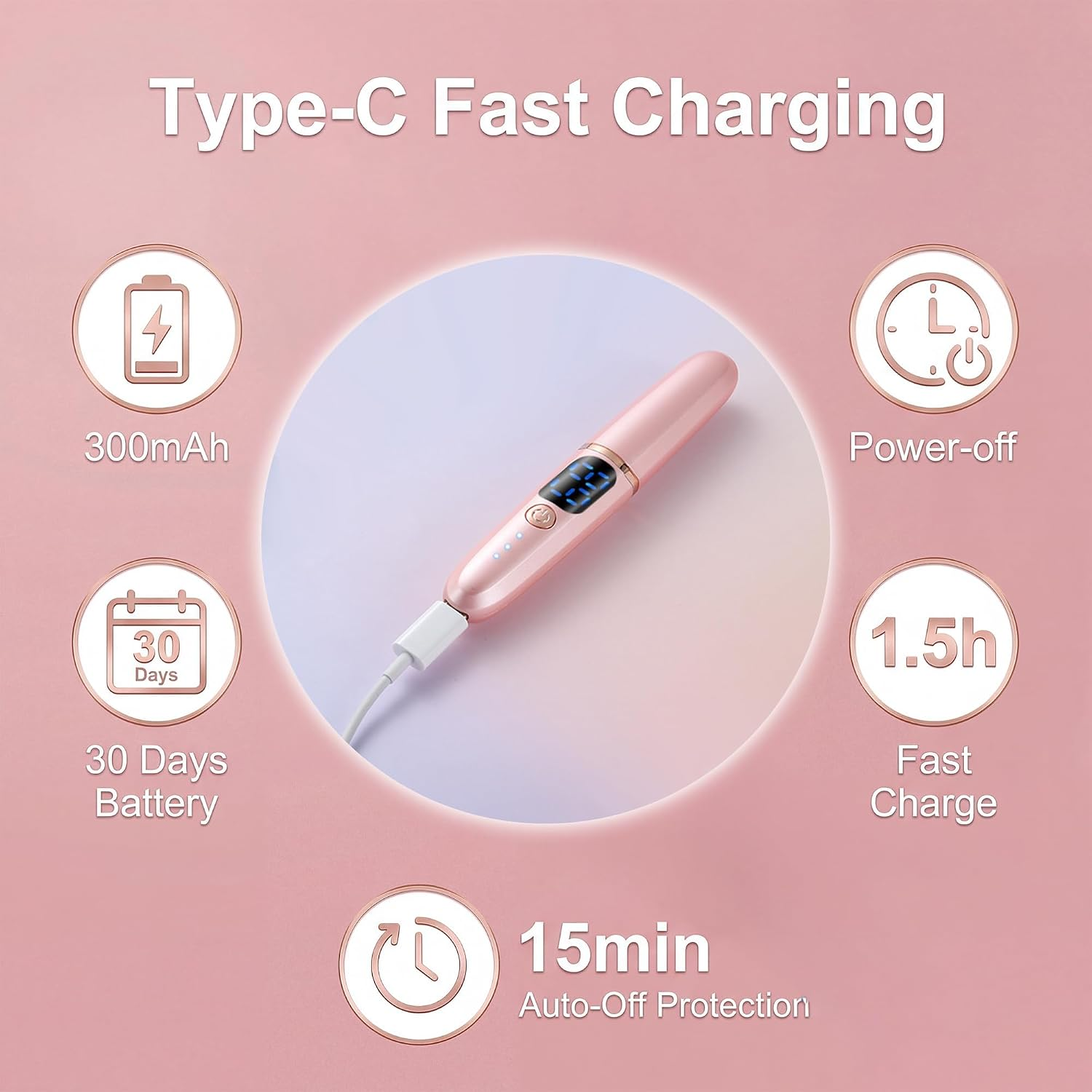 Rosa Eyelash Curler mit Typ-C Ladekabel und Icons für Akkuleistung und Ladezeit.