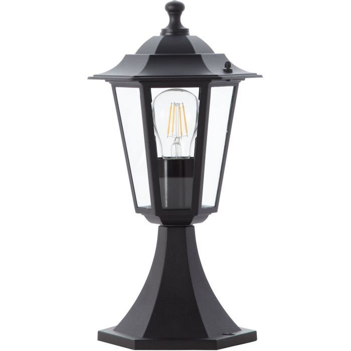Eine schwarze Wegeleuchte mit klarem Glas und sichtbarem Filament-Leuchtmittel.
