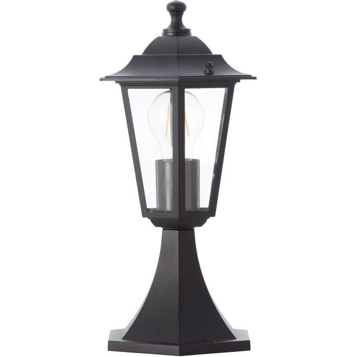 Eine schwarze Outdoor-Tischleuchte im Laternen-Design mit Glaselementen und einer sichtbaren Glühbirne.
