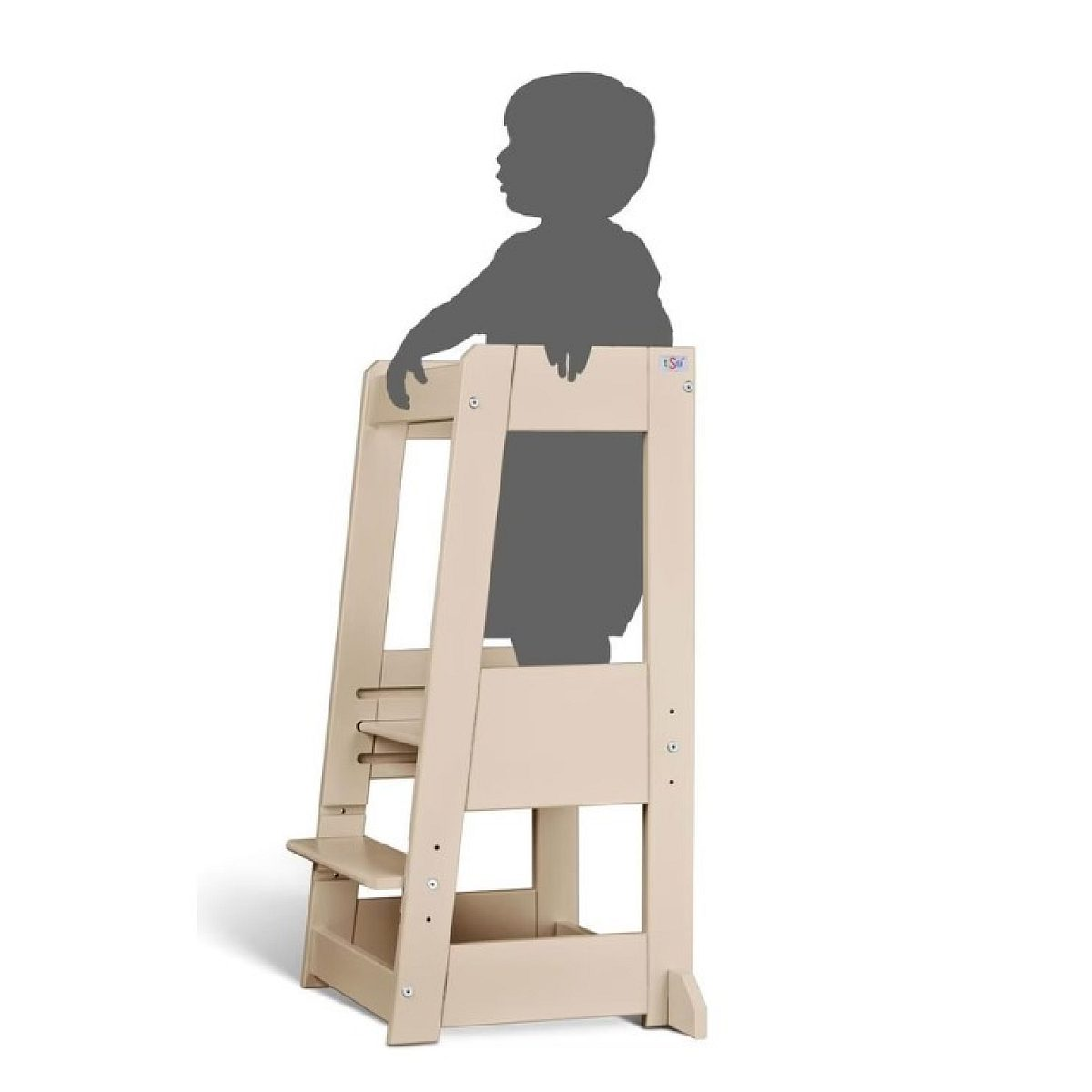Ein hölzerner Lernturm mit einer grauen Kinder-Silhouette auf weißem Hintergrund.
