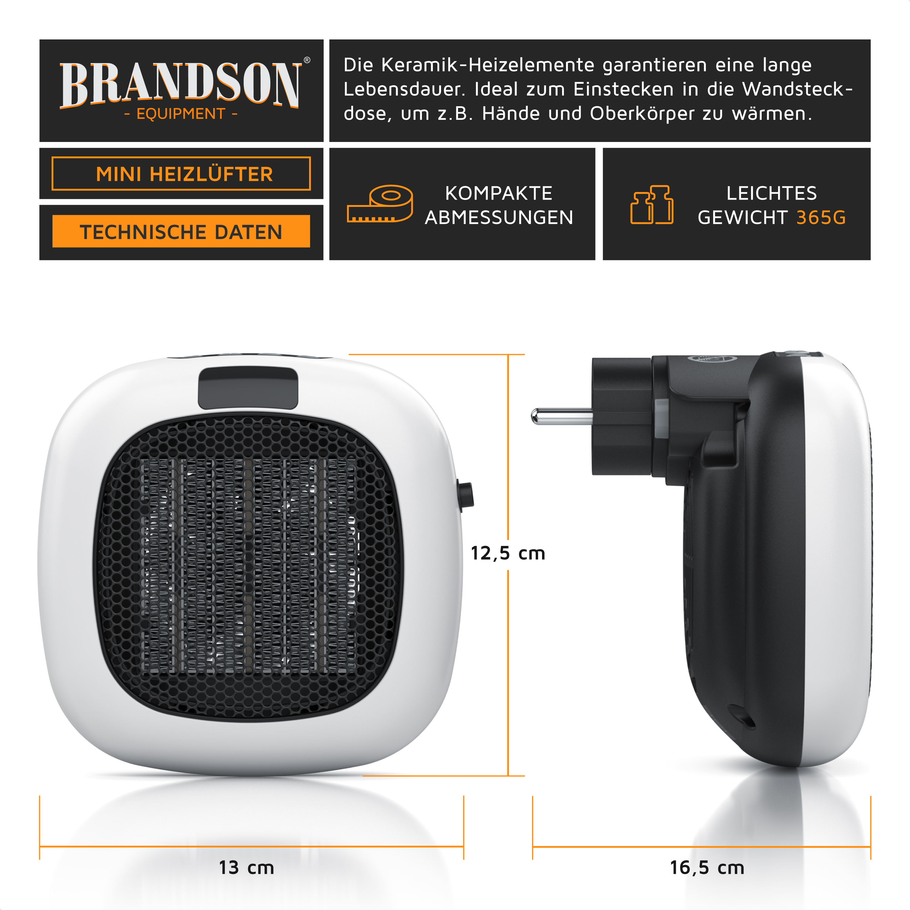 Brandson Mini-Heizlüfter mit Maßen 13x12,5x16,5 cm und 365g Gewicht.