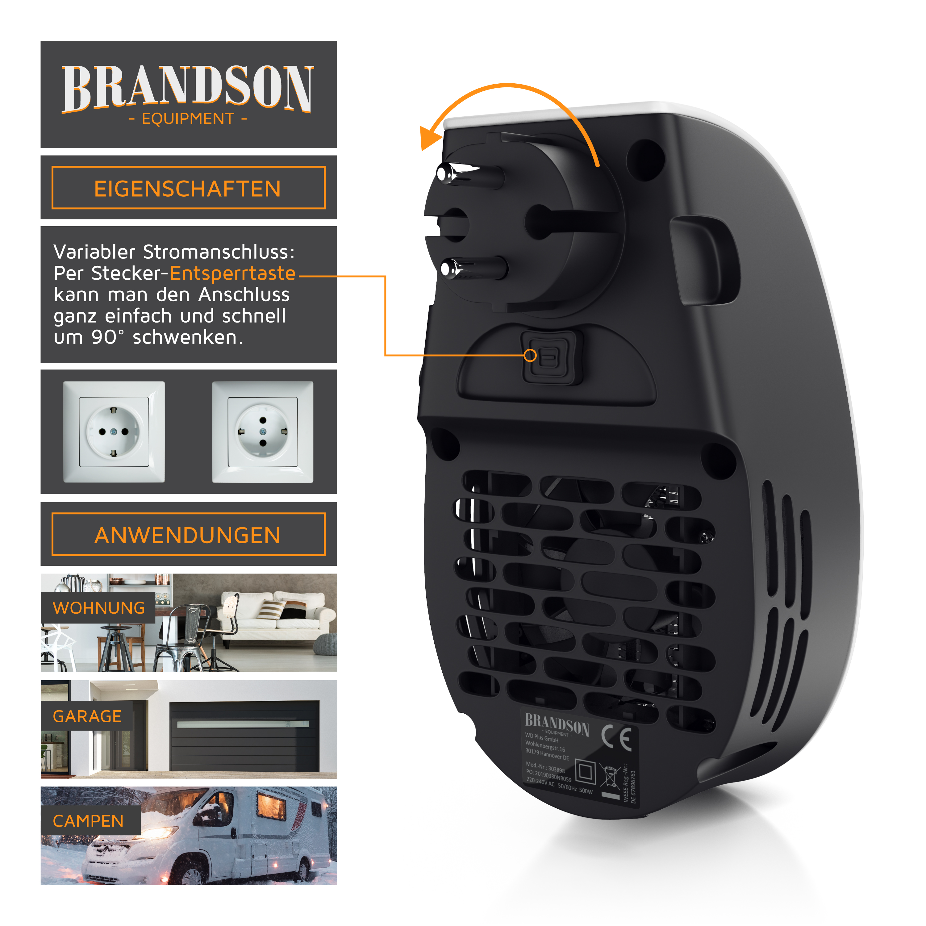 Diagramm eines schwarzen Brandson Heizlüfters mit drehbarem Stecker, Anwendungstipps für Wohnung, Garage und Camping.