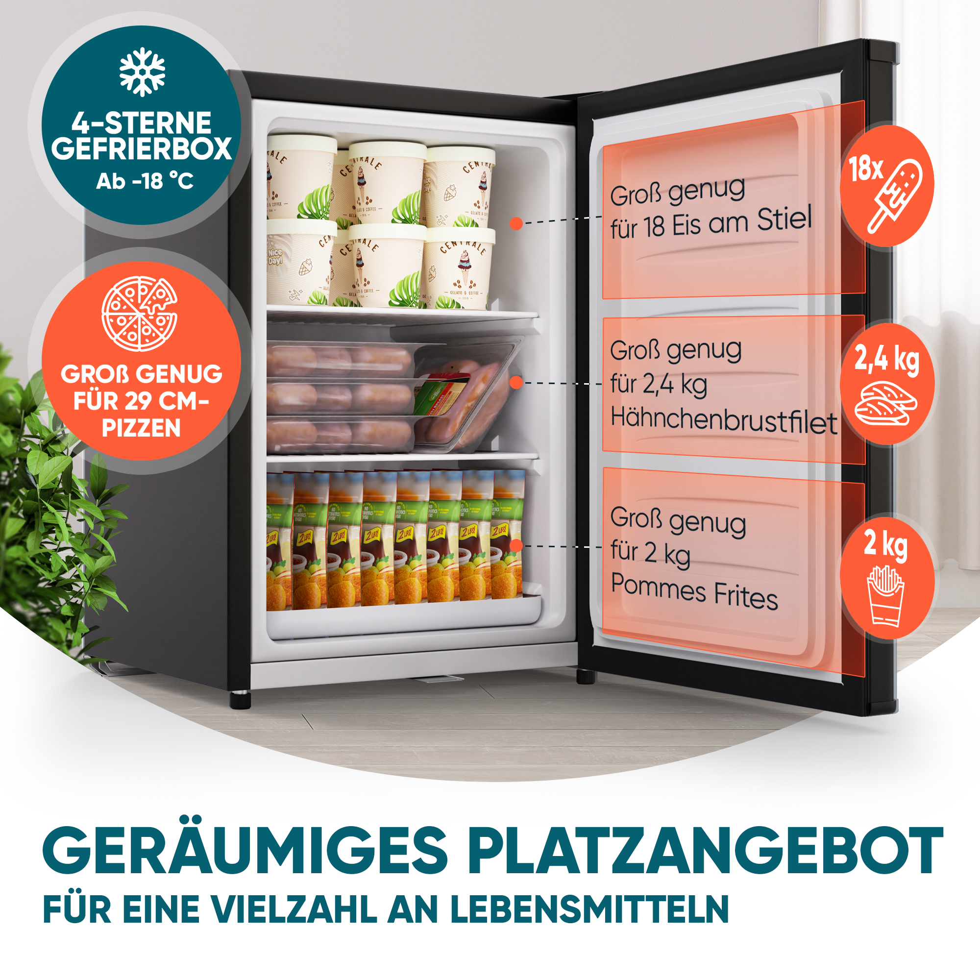 Geöffnete schwarze Gefrierbox voller Eis, Fleisch und Pommes, mit Werbetexten.
