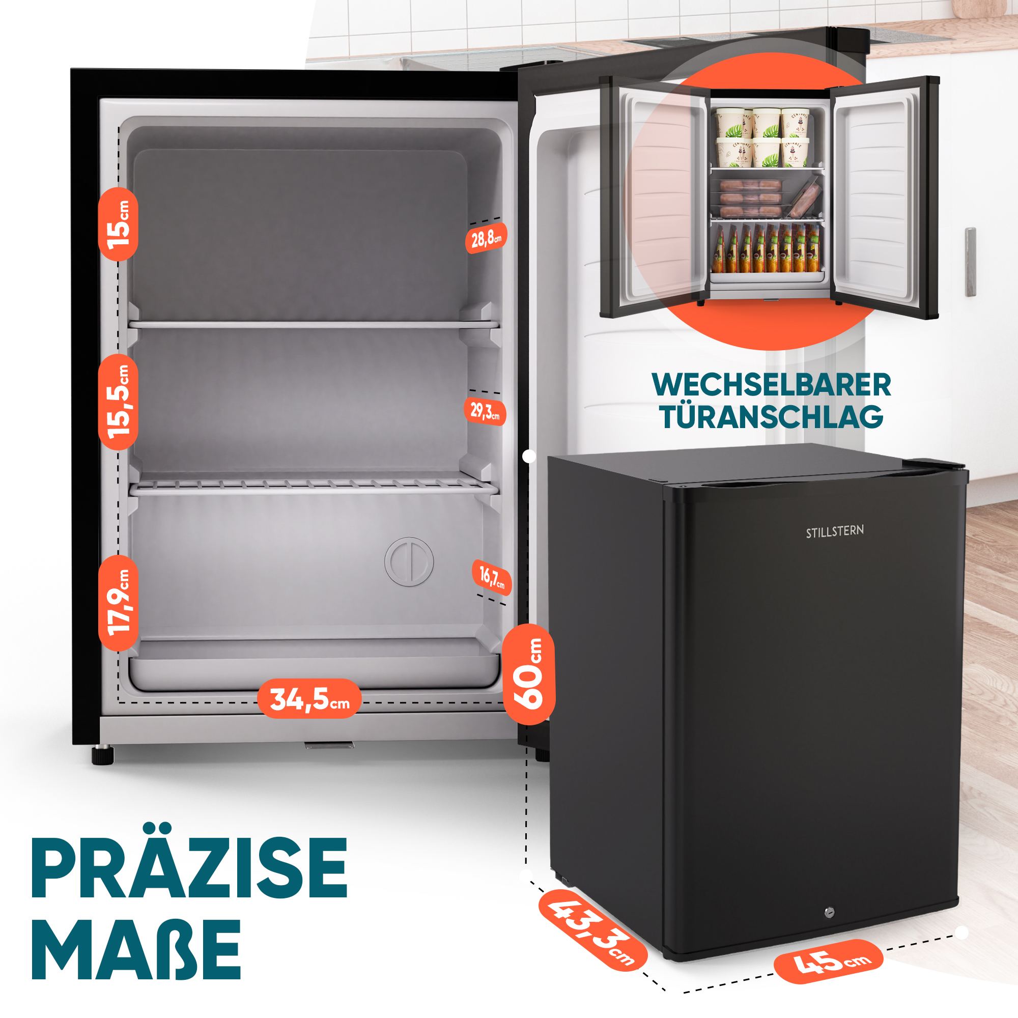 Kleiner schwarzer Kühlschrank mit detaillierten Maßen und geöffneter Tür, die das Innere und den Türanschlag zeigt.