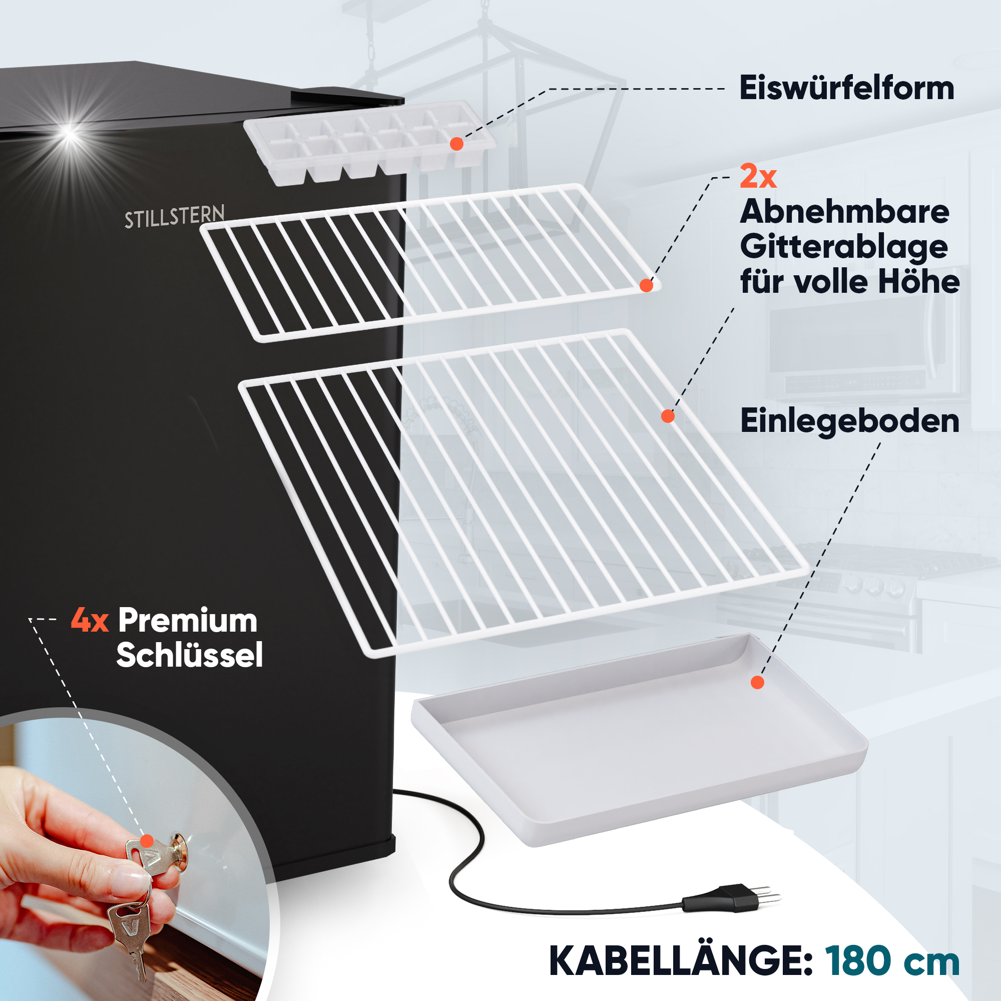 Schwarzer Kühlschrank mit herausnehmbaren Gittern, Ablage, Eiswürfelform und Schlüssel.
