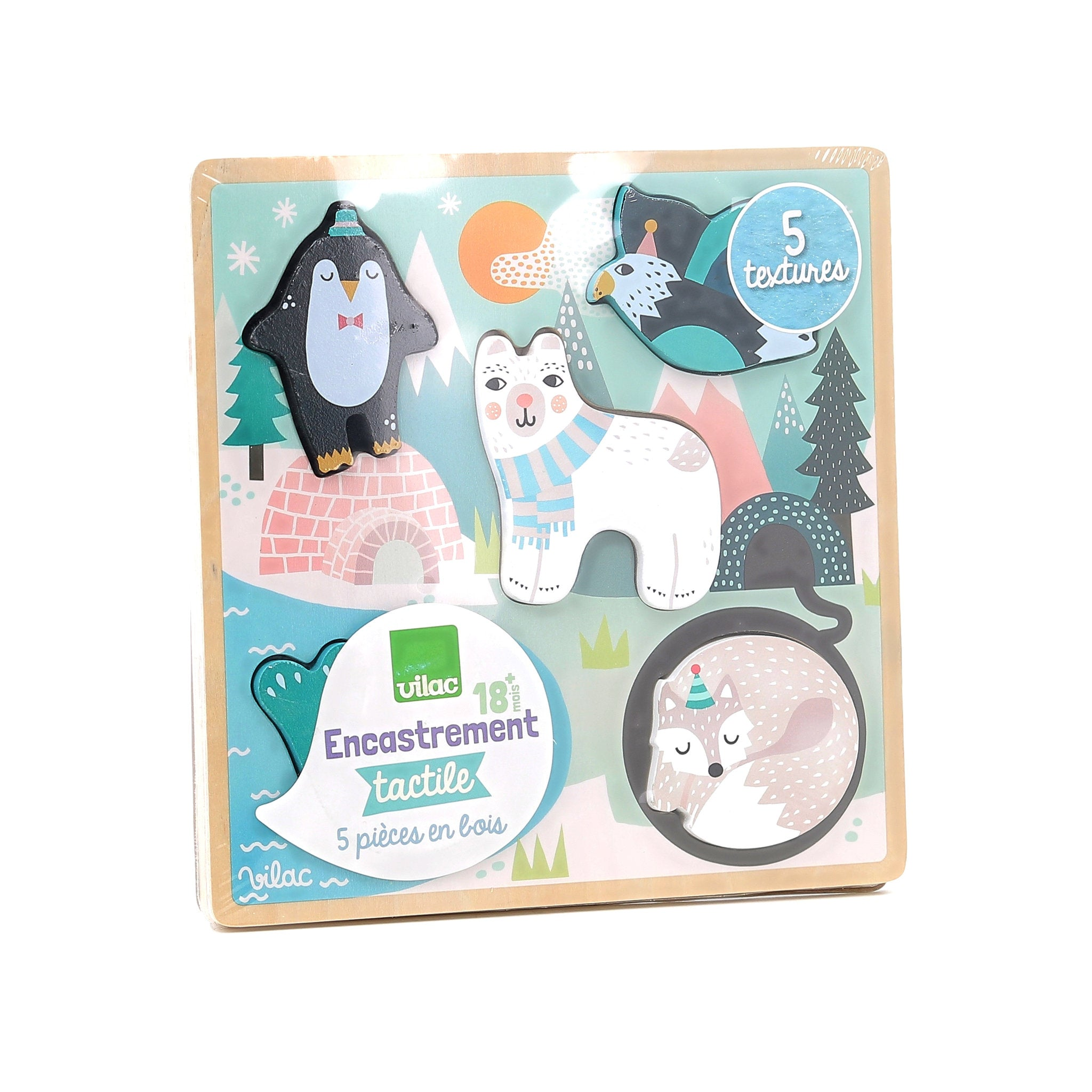 Ein hölzernes Fühlpuzzle von Vilac mit Arktis-Tierfiguren und 5 verschiedenen Texturen in der Verpackung.