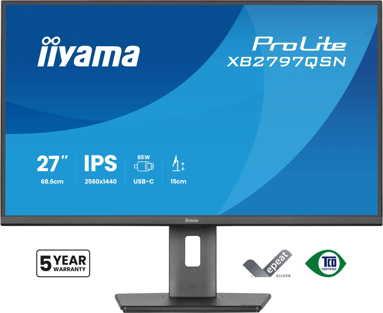 Ein schwarzer Iiyama ProLite XB2797QSN Monitor mit blauer Displayanzeige, Garantie- und Zertifizierungssymbolen.
