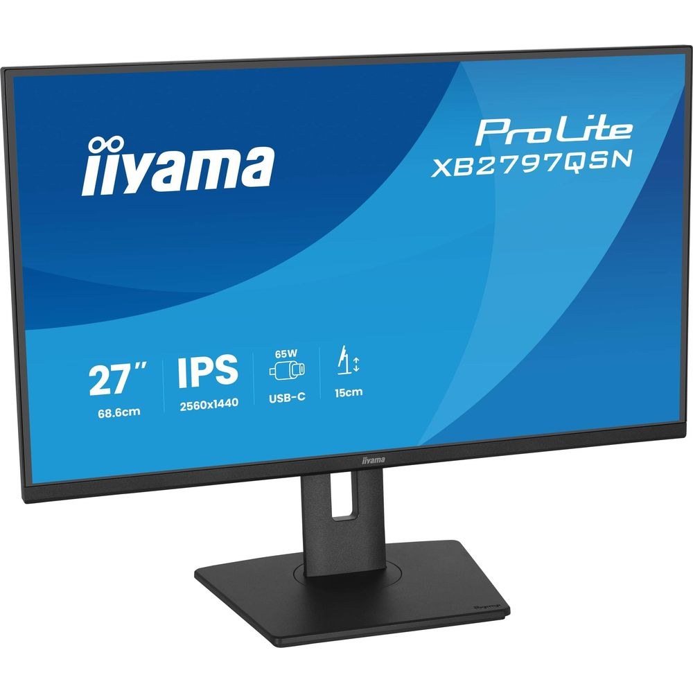 Schwarzer 27-Zoll-IPS-Monitor iiyama ProLite mit Standfuß vor weißem Hintergrund.