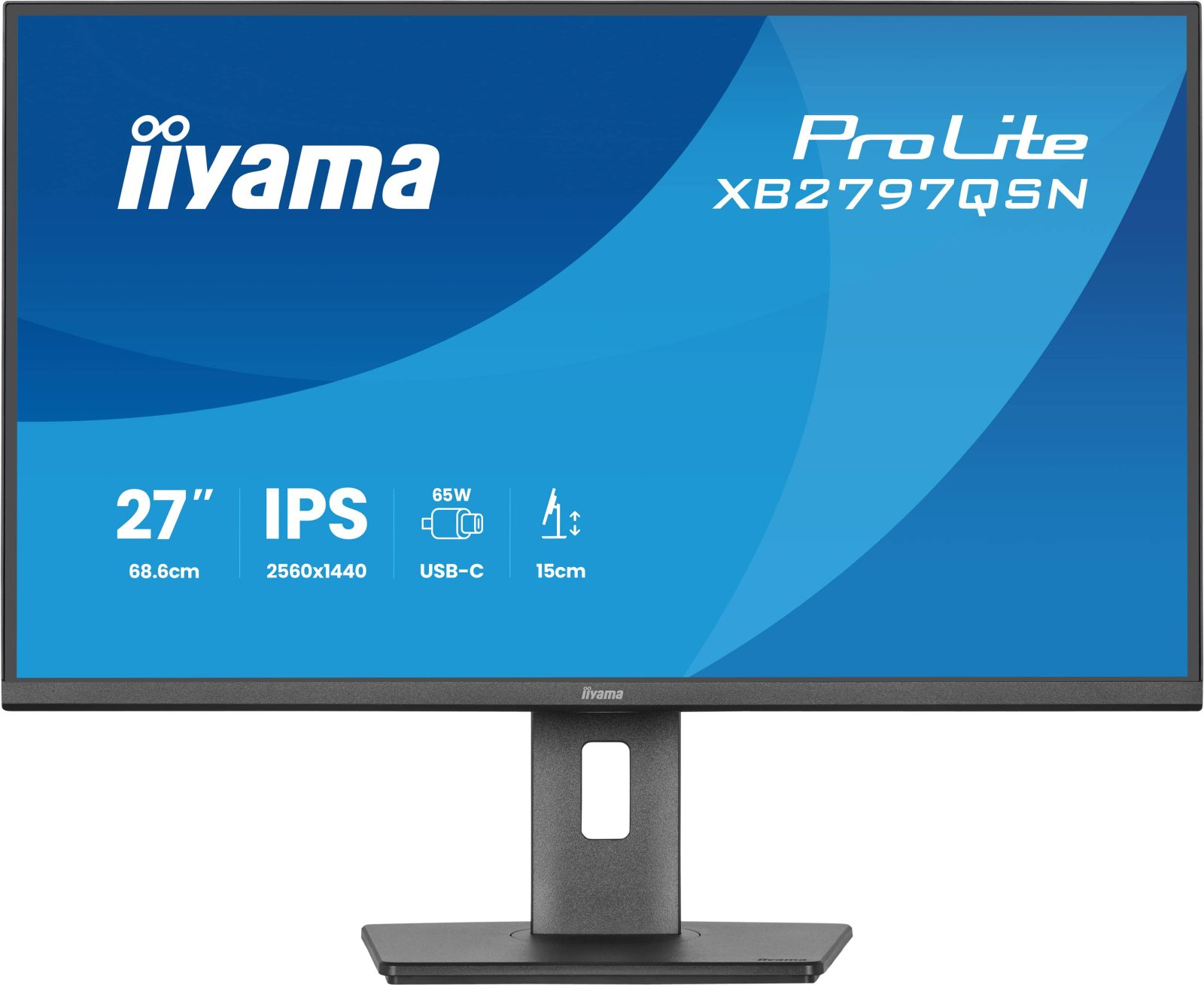 Frontansicht des schwarzen iiyama ProLite XB2797QSN Monitors mit blauem Bildschirm und technischen Daten.