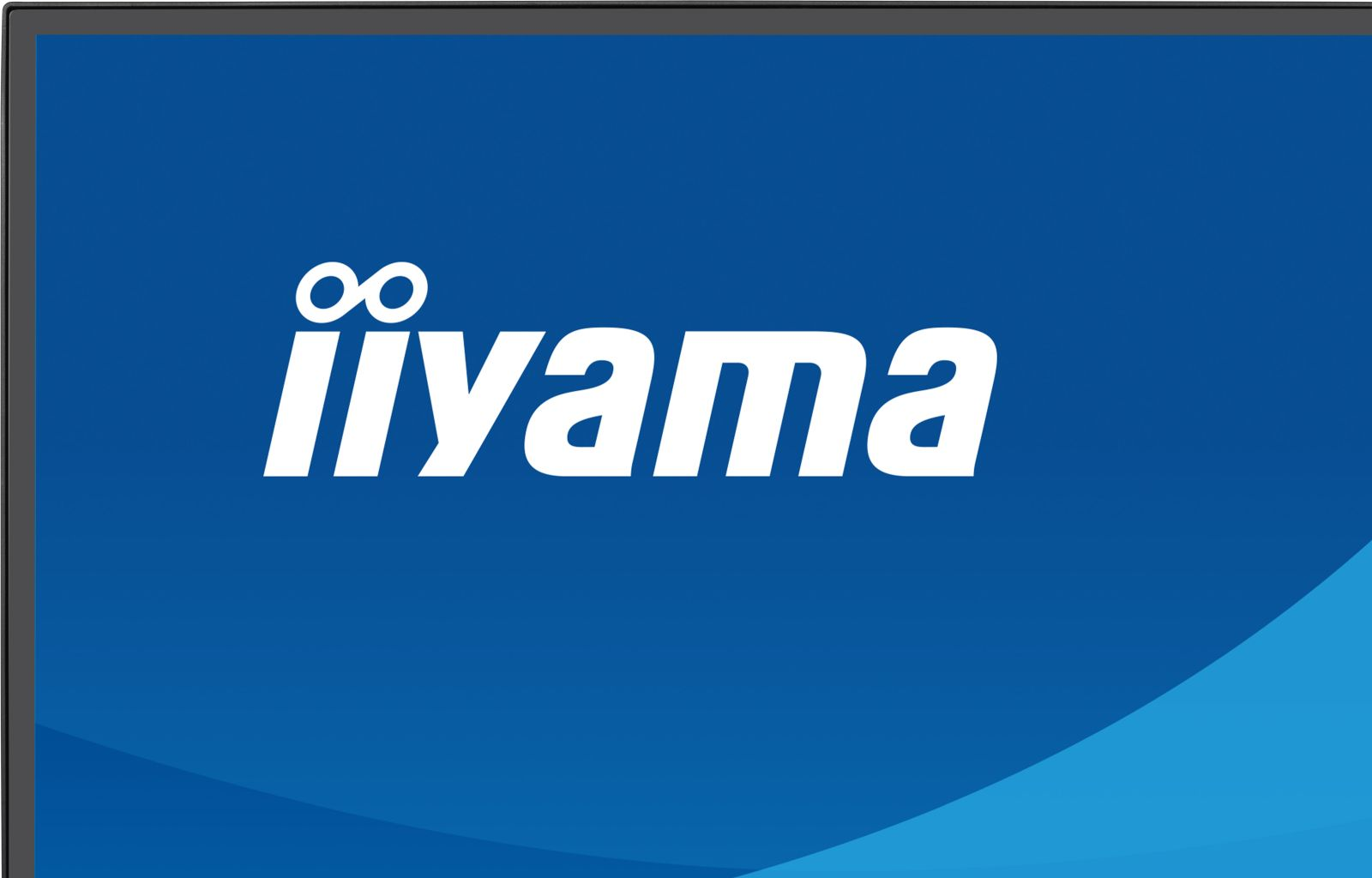 Weißer Iiyama-Logo auf blauem Bildschirm mit geschwungenen Linien unten.