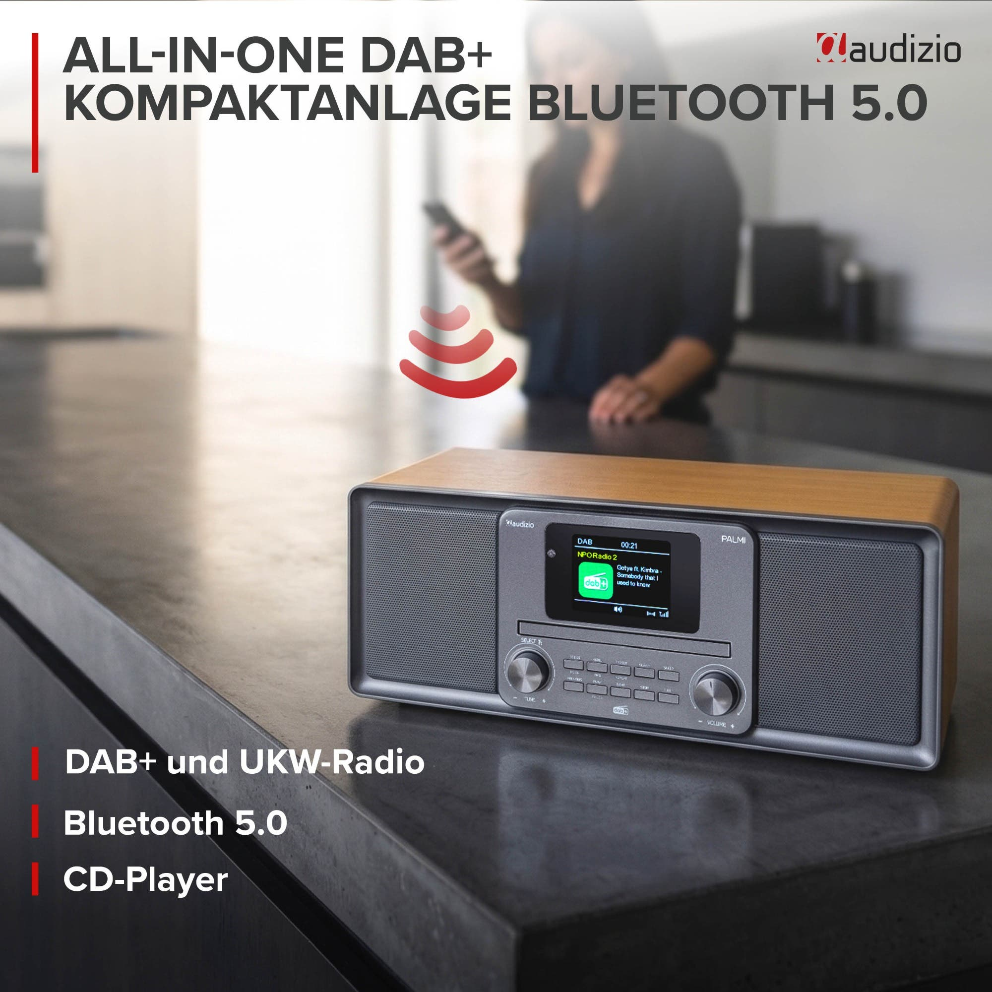 Audizio All-in-One DAB+ Kompaktanlage mit Bluetooth und CD-Player auf einer dunklen Theke.