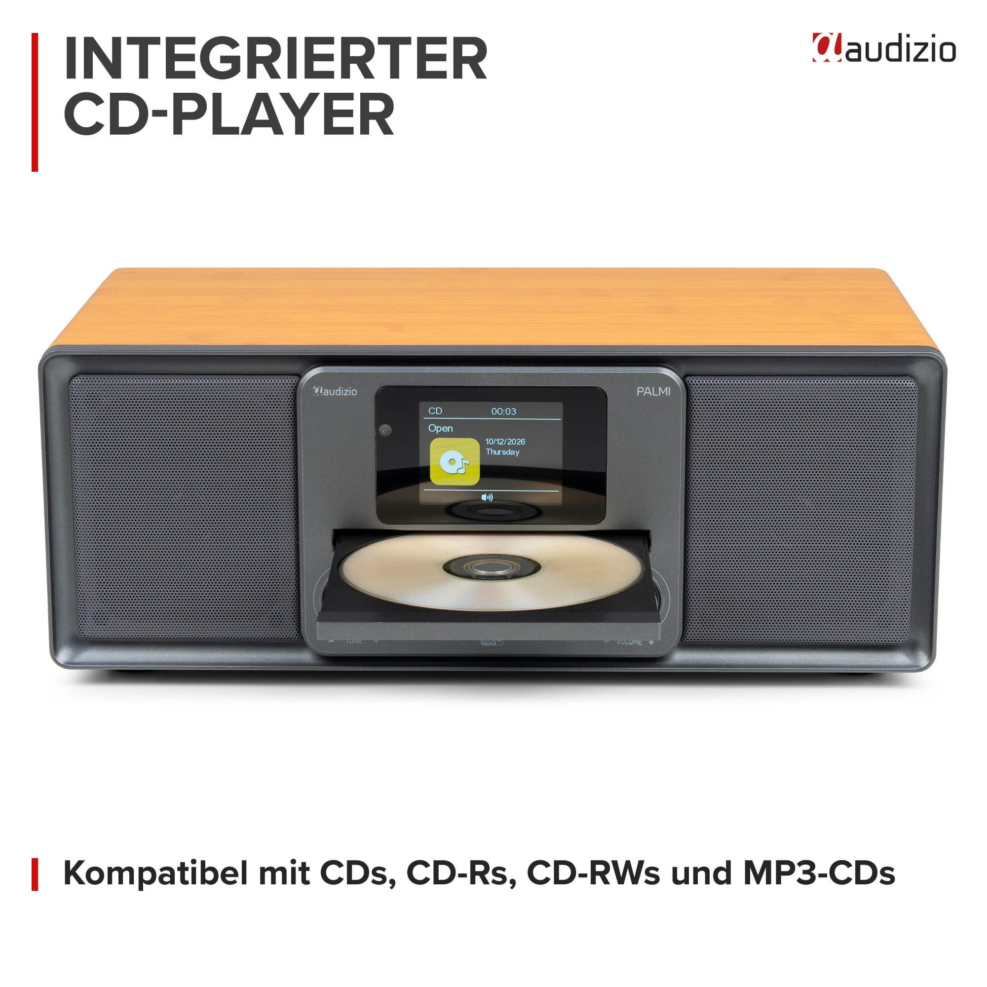 Ein Audizio Palmi CD-Player aus Holz mit offenem CD-Fach und Display auf weißem Hintergrund.
