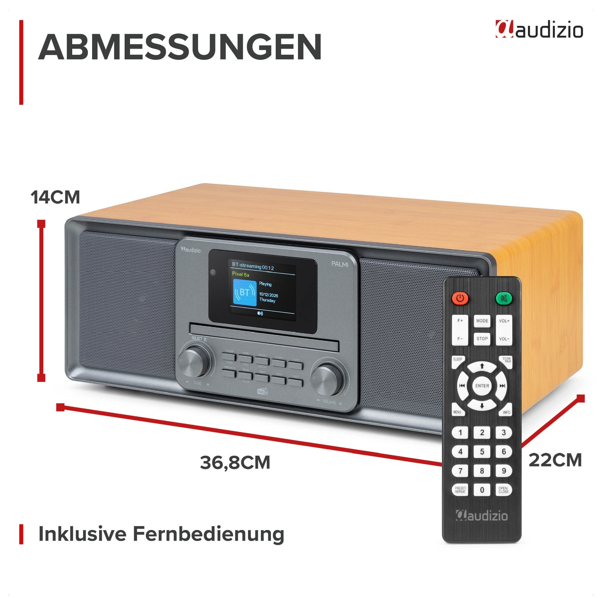 Holzfarbenes Audizio Radio mit Display, Knöpfen, Fernbedienung und Maßen 36,8x22x14 cm.