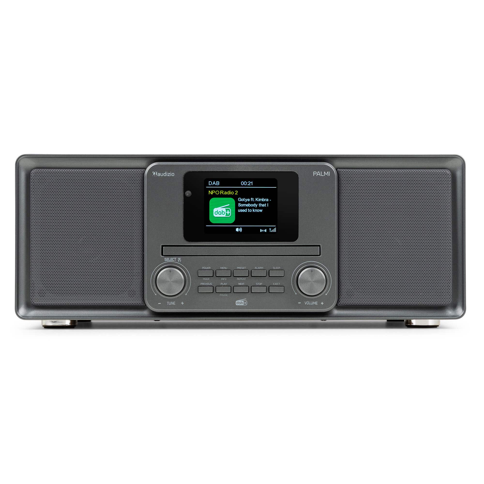 Ein graues Audizio Palmi Radio mit Farbdisplay, Lautsprechern und vielen Tasten auf einer weißen Oberfläche.