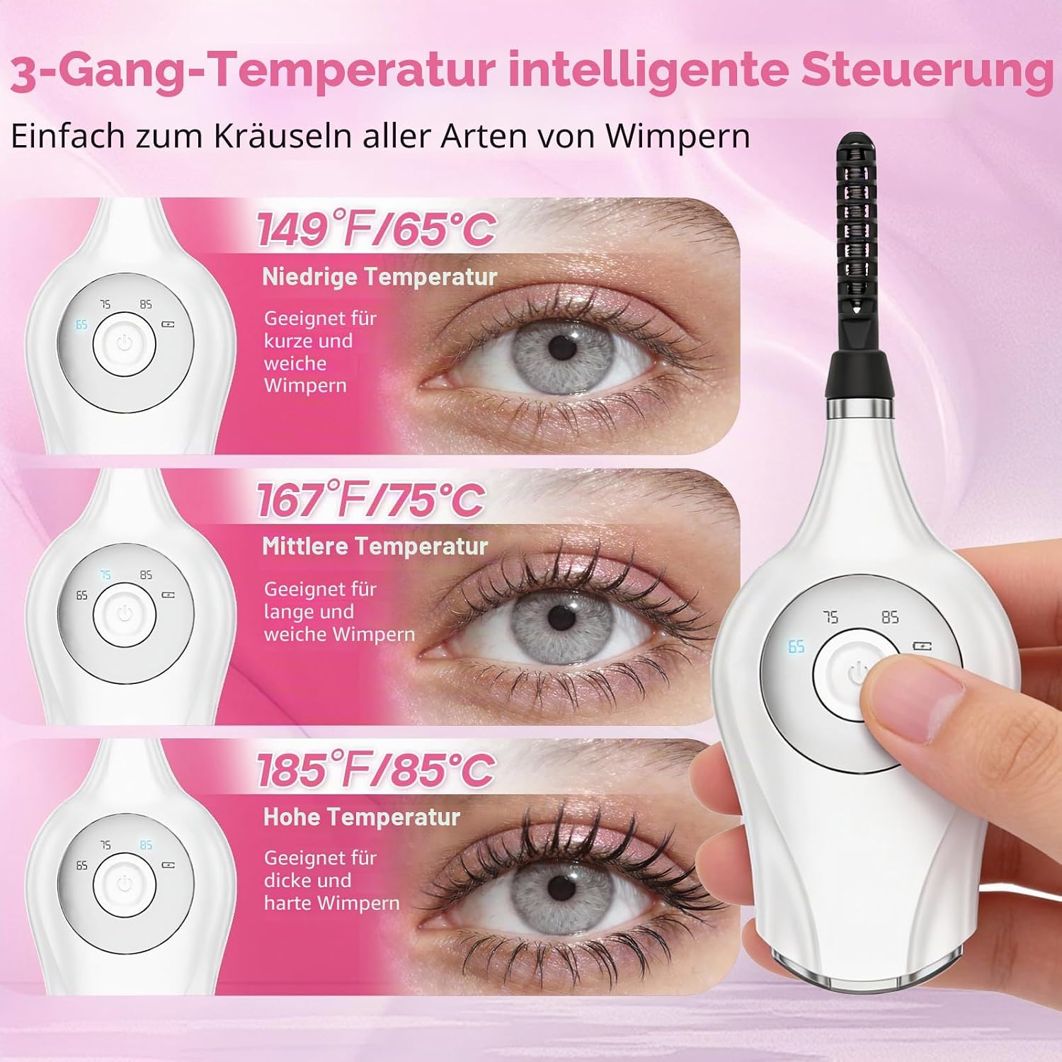 Wimpernzange mit drei Temperaturstufen und verschiedenen Wimpernergebnissen.