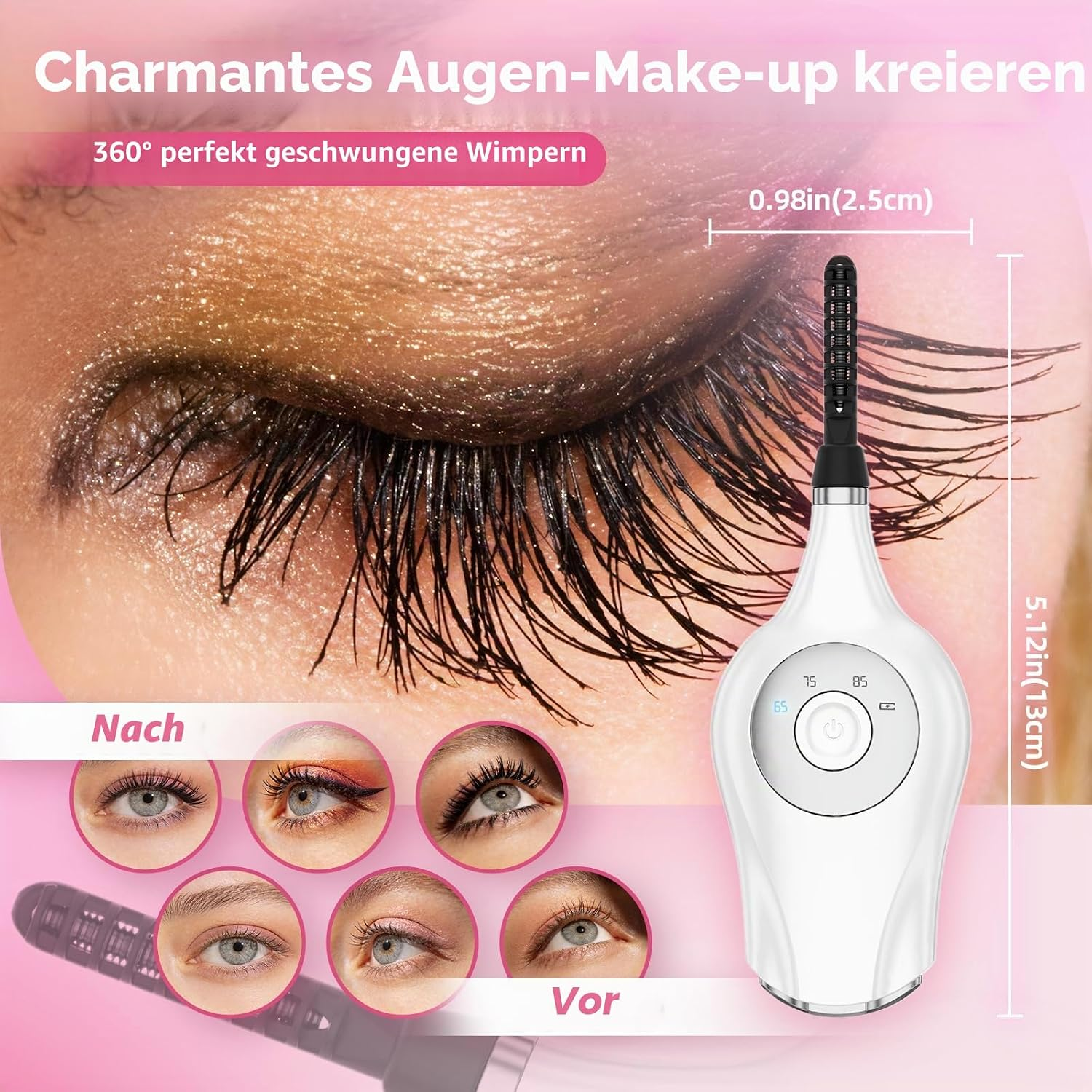 Ein elektrischer Wimpernzange mit Messangaben und Vorher-Nachher-Vergleichsbildern.