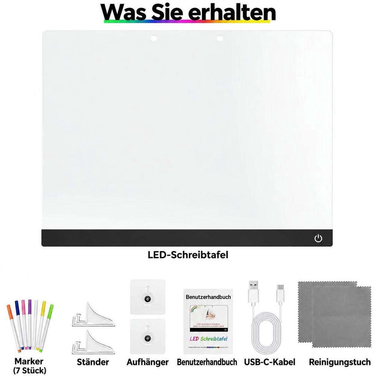 Das Bild zeigt eine LED-Schreibtafel und Zubehör wie Marker, Ständer, Aufhänger, Handbuch, Kabel und Tuch.
