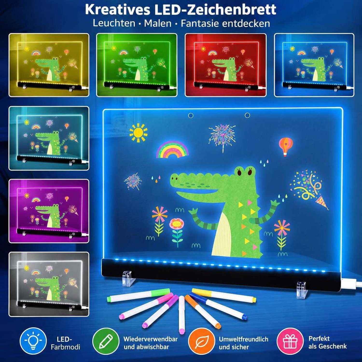 Kreatives LED-Zeichenbrett mit leuchtendem Alligator-Design, bunten Stiften und verschiedenen Lichtmodi.