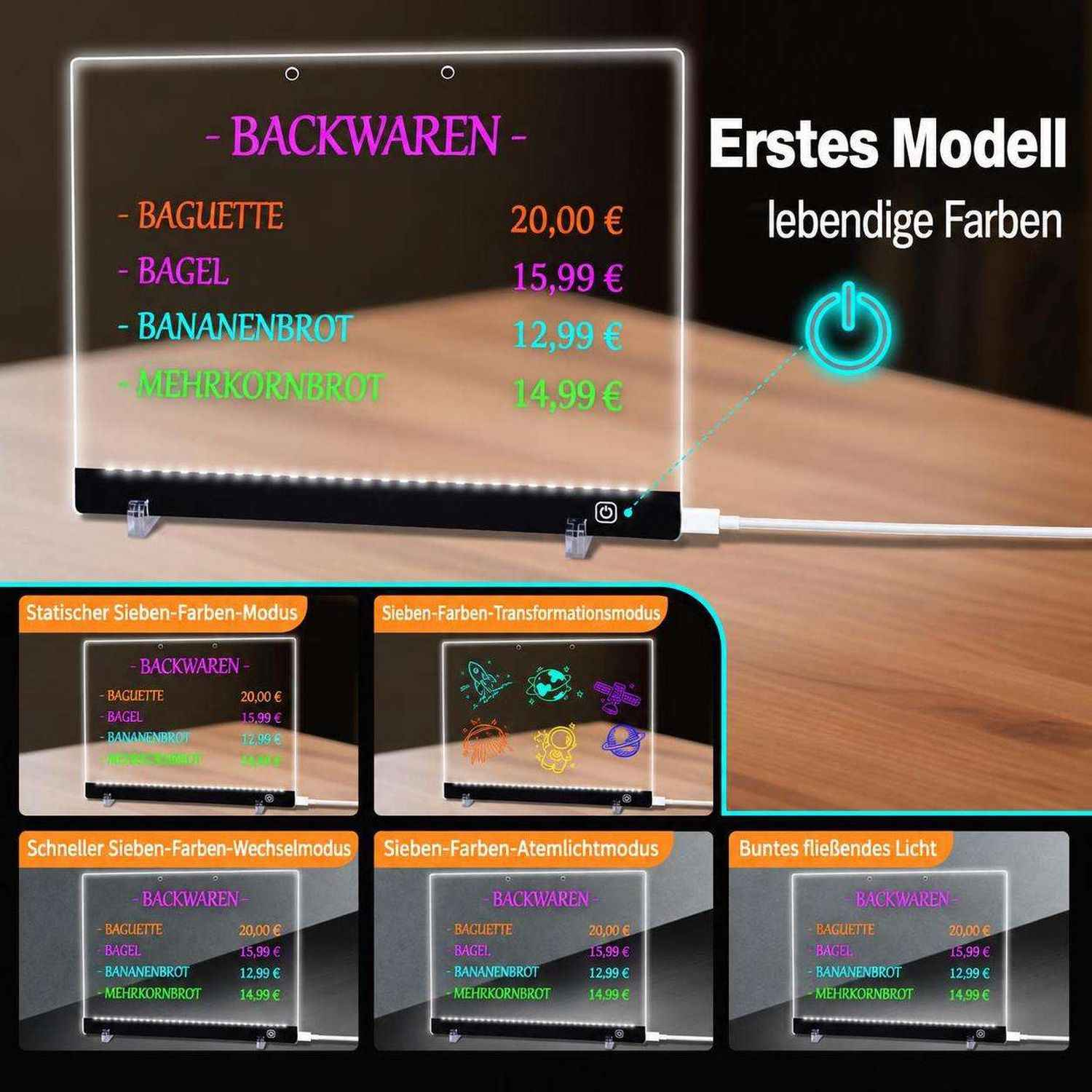 Ein beleuchtetes Acrylschild mit Backwarenpreisen und verschiedenen LED-Farbmodi.
