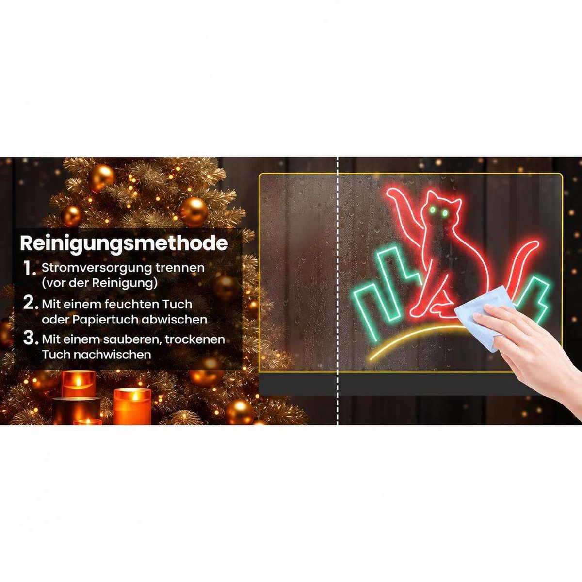 Reinigungshinweise für ein Neon-Katzen-Schild mit deutscher Anleitung.