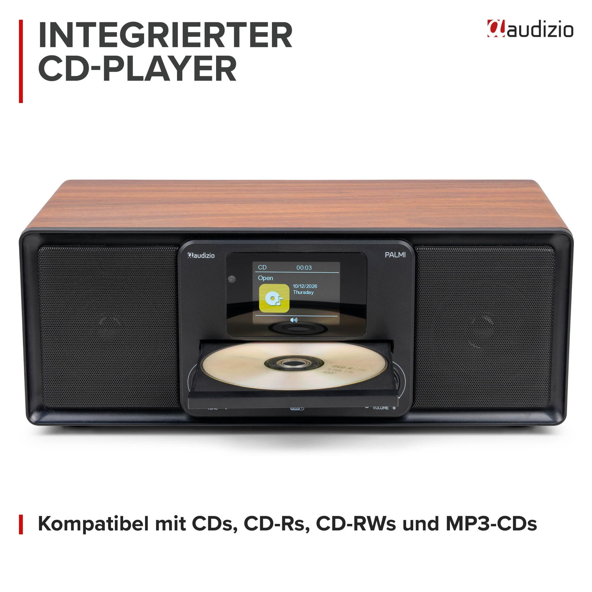 Holzfarbener Audizio Palmi CD-Player mit geöffnetem Fach, Display und Lautsprechern.
