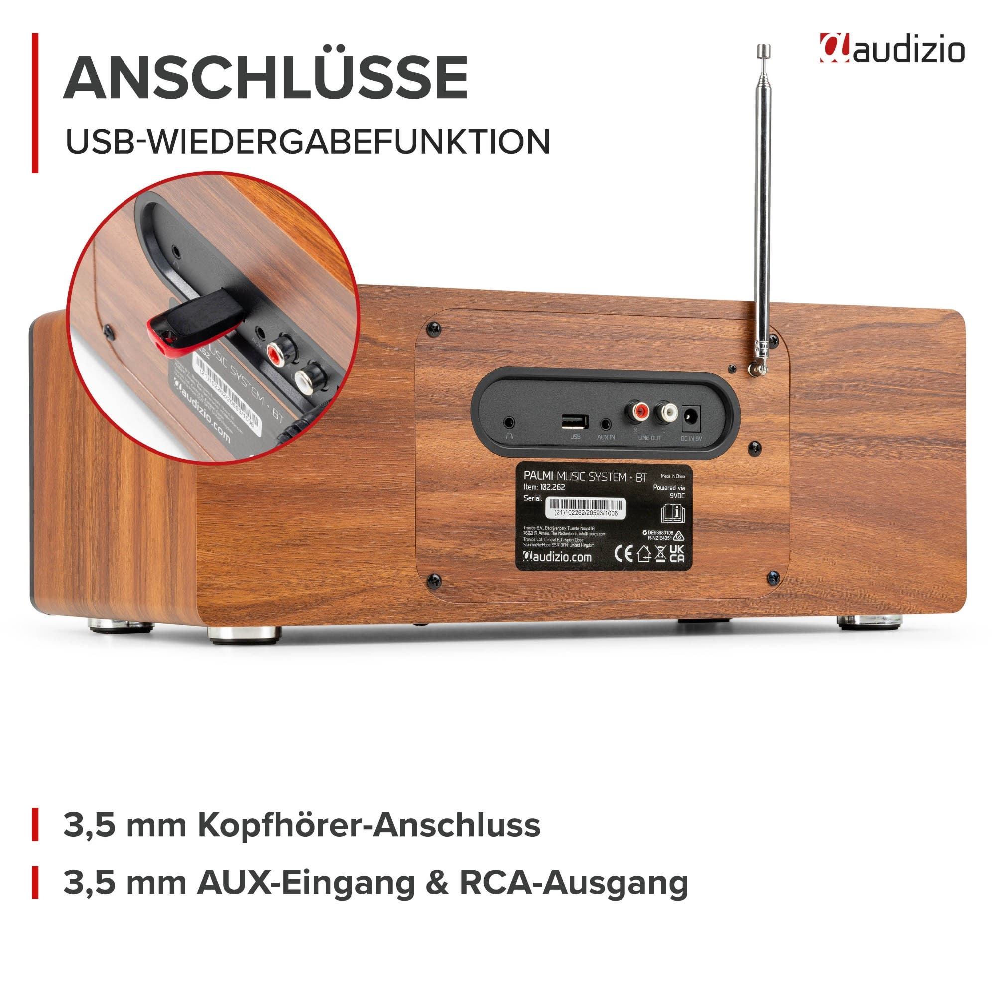 Rückseite eines Audizio-Musiksystems mit USB-, AUX- und Kopfhöreranschlüssen sowie einer Antenne.
