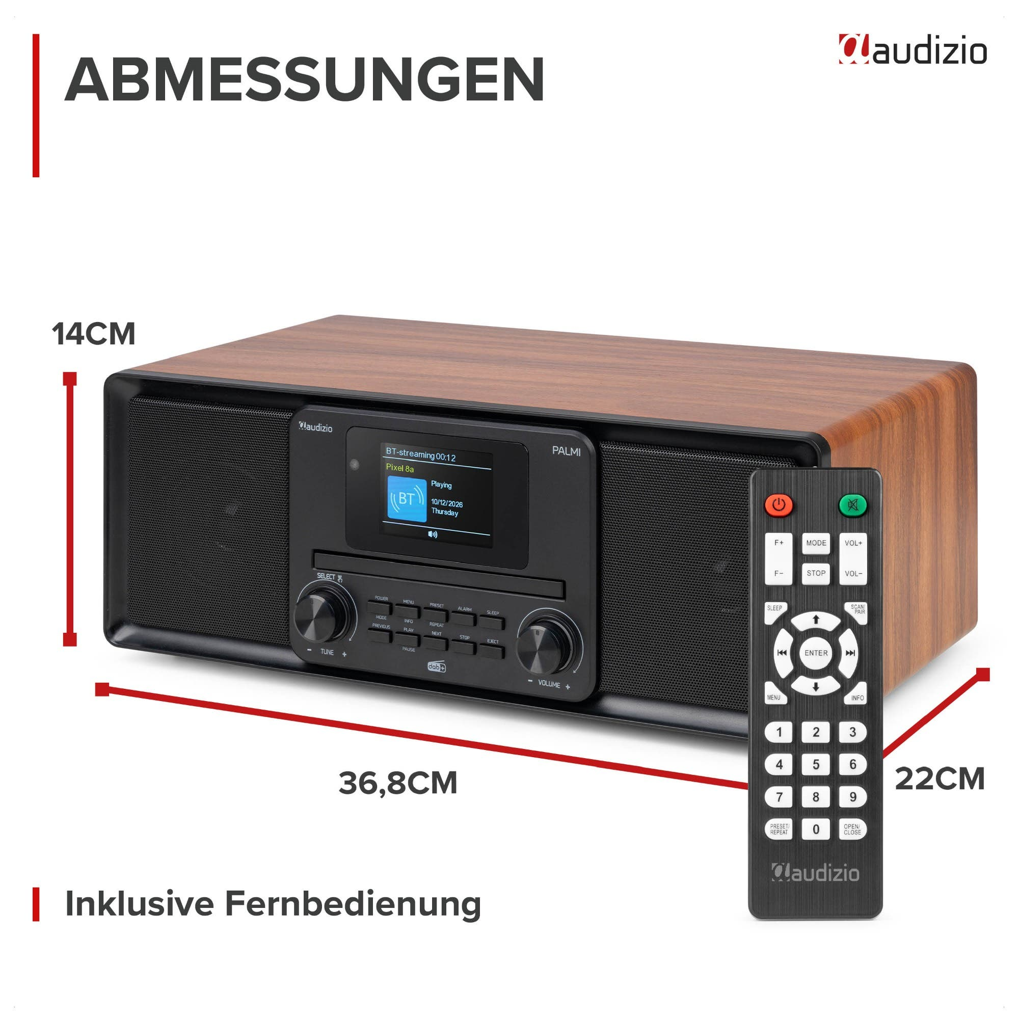 Holzfarbenes Audizio PALMI Radio mit Display, Knöpfen und Fernbedienung, Maße 36,8x14x22cm.