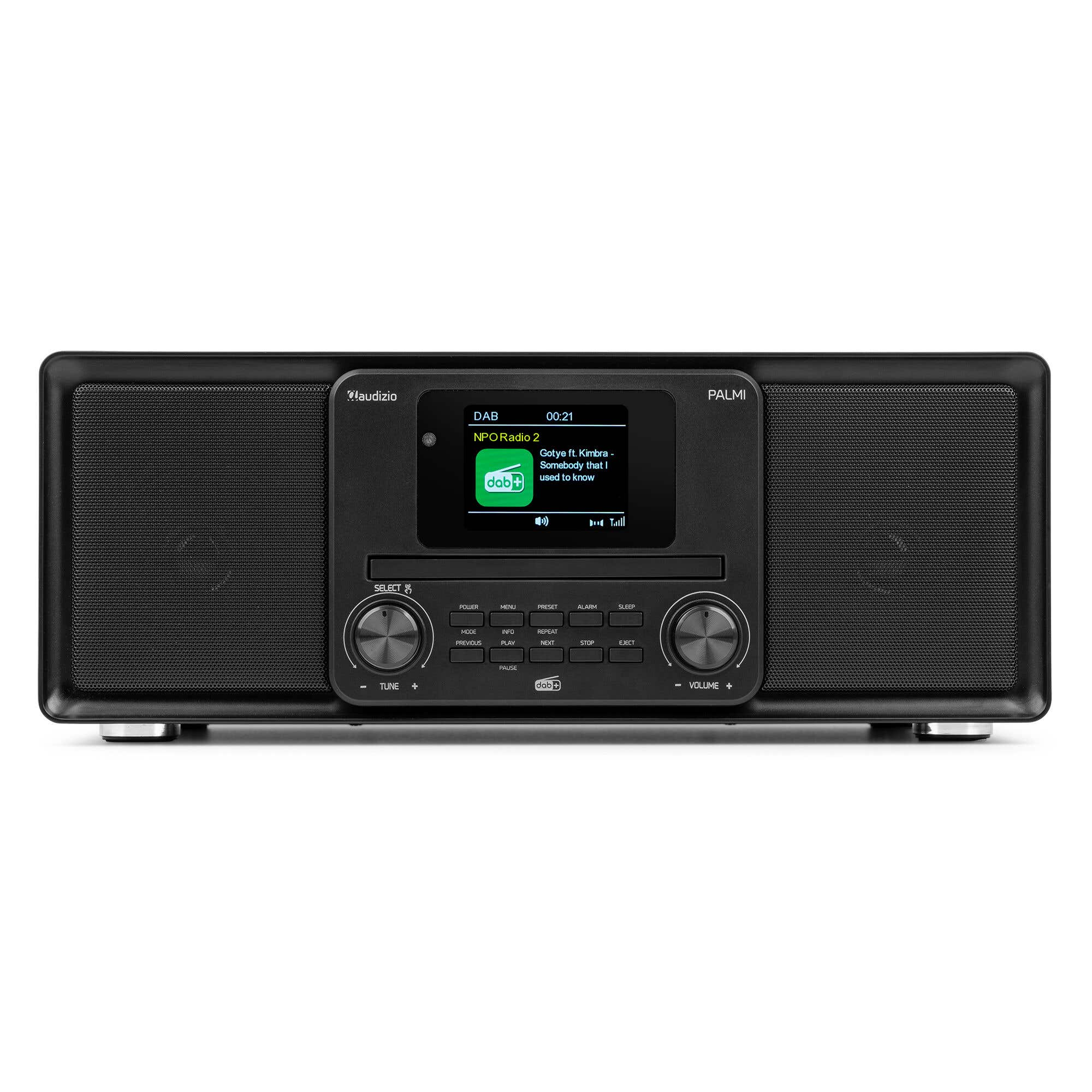 Schwarzes Audizio Palmi Radio mit Digitaldisplay, Lautsprechern und Tasten auf weißem Hintergrund.