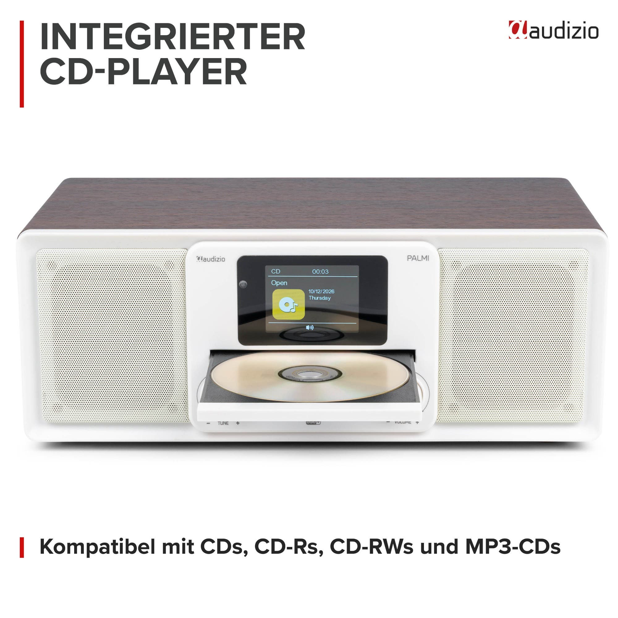Ein weißer Audizio CD-Player mit Holzoptik-Oberseite und geöffnetem CD-Schacht auf weißem Hintergrund.