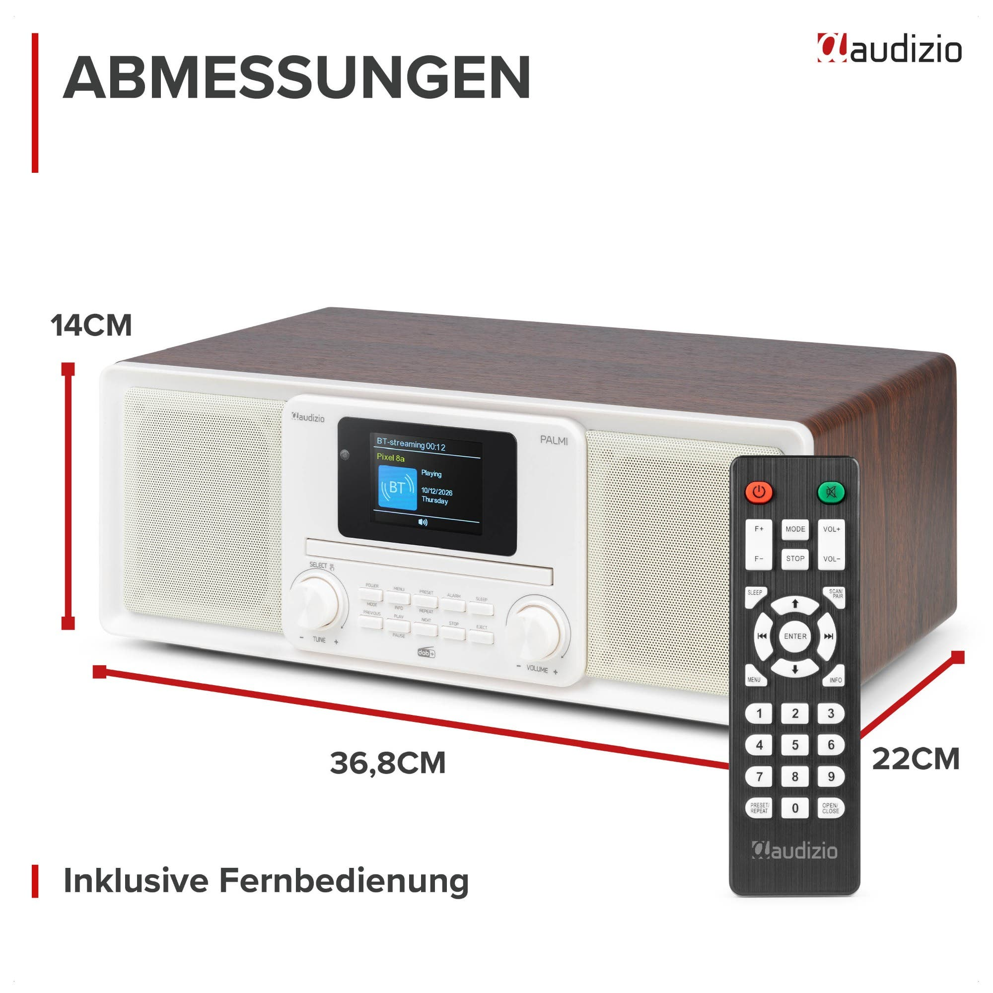 Audizio Palmi Radio mit Holzgehäuse, weißer Front, Display, Bedienelementen, Fernbedienung und Maßen 36,8x14x22cm.