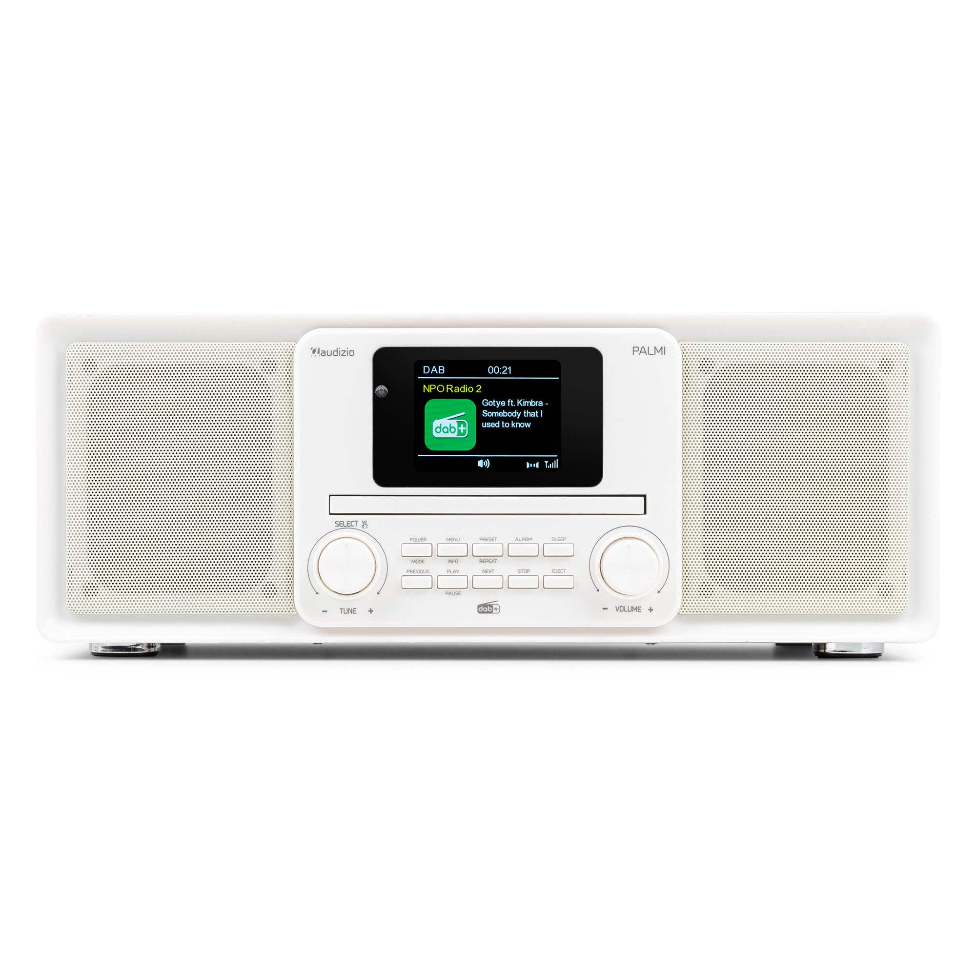 Ein weißes Audizio Palmi Radio mit Digitaldisplay, Lautsprechern und Bedienelementen auf weißem Hintergrund.