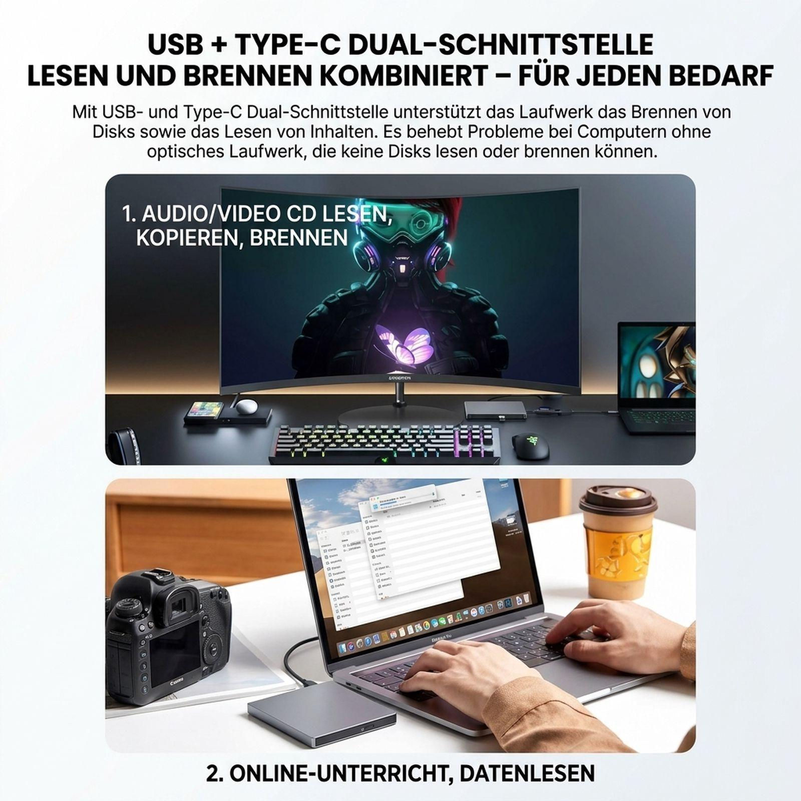 Werbebild für ein externes Laufwerk mit USB- und Type-C-Schnittstelle zum Lesen und Brennen von CDs und DVDs.