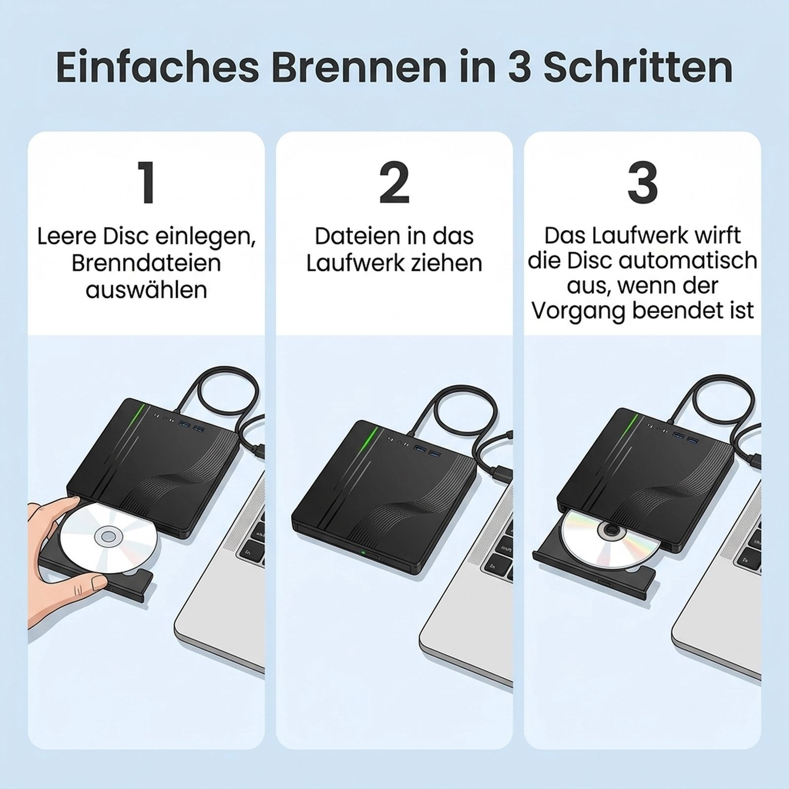 Eine dreistufige Anleitung zum Brennen einer Disc mit einem externen Laufwerk und einem Laptop.