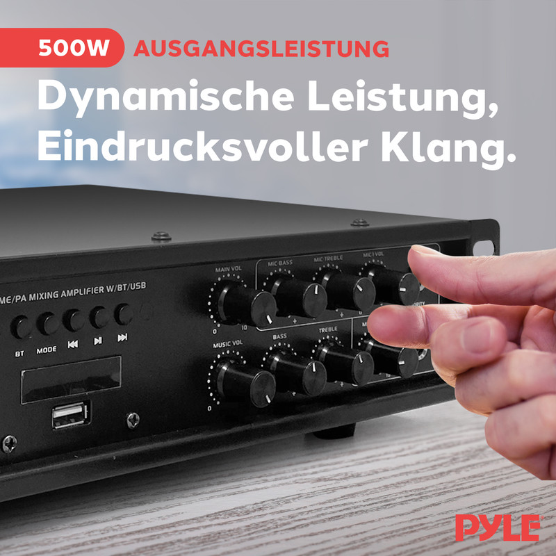 Hand verstellt Lautstärkeregler an schwarzem Pyle Mischverstärker.