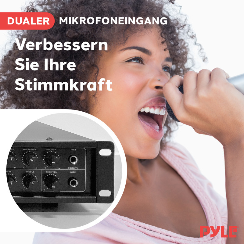 Eine Frau singt in ein Mikrofon, neben einem Bild der Audiogeräte-Regler und deutschem Text.