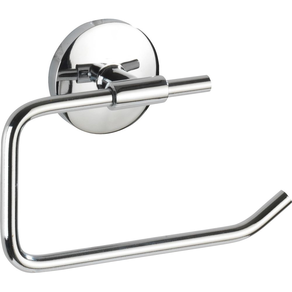 Ein polierter Chrom-Toilettenpapierhalter mit runder Wandhalterung und gebogenem Arm vor weißem Hintergrund.