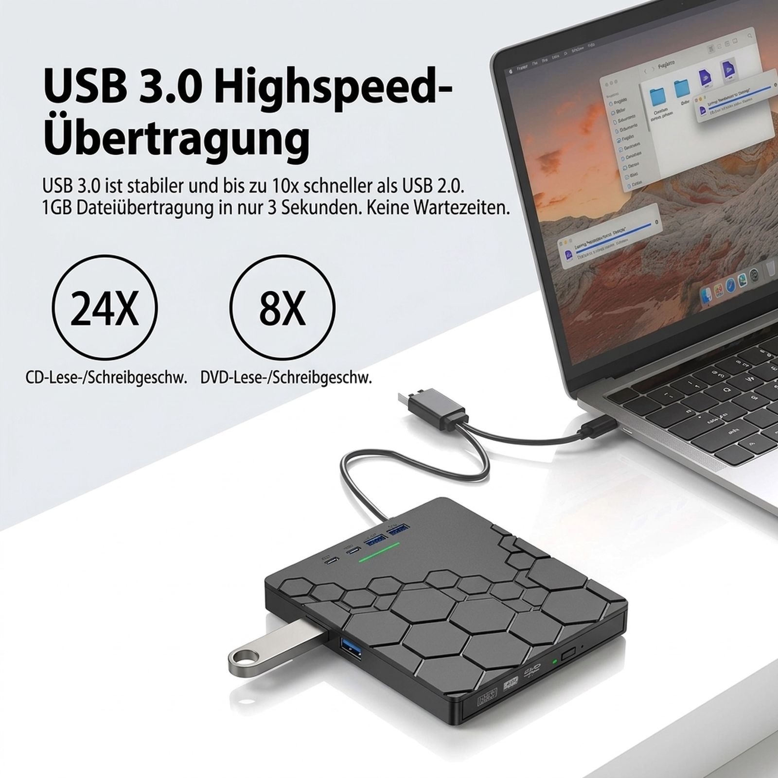 Ein schwarzes externes Laufwerk mit Wabenmuster, über USB an einen Laptop angeschlossen.