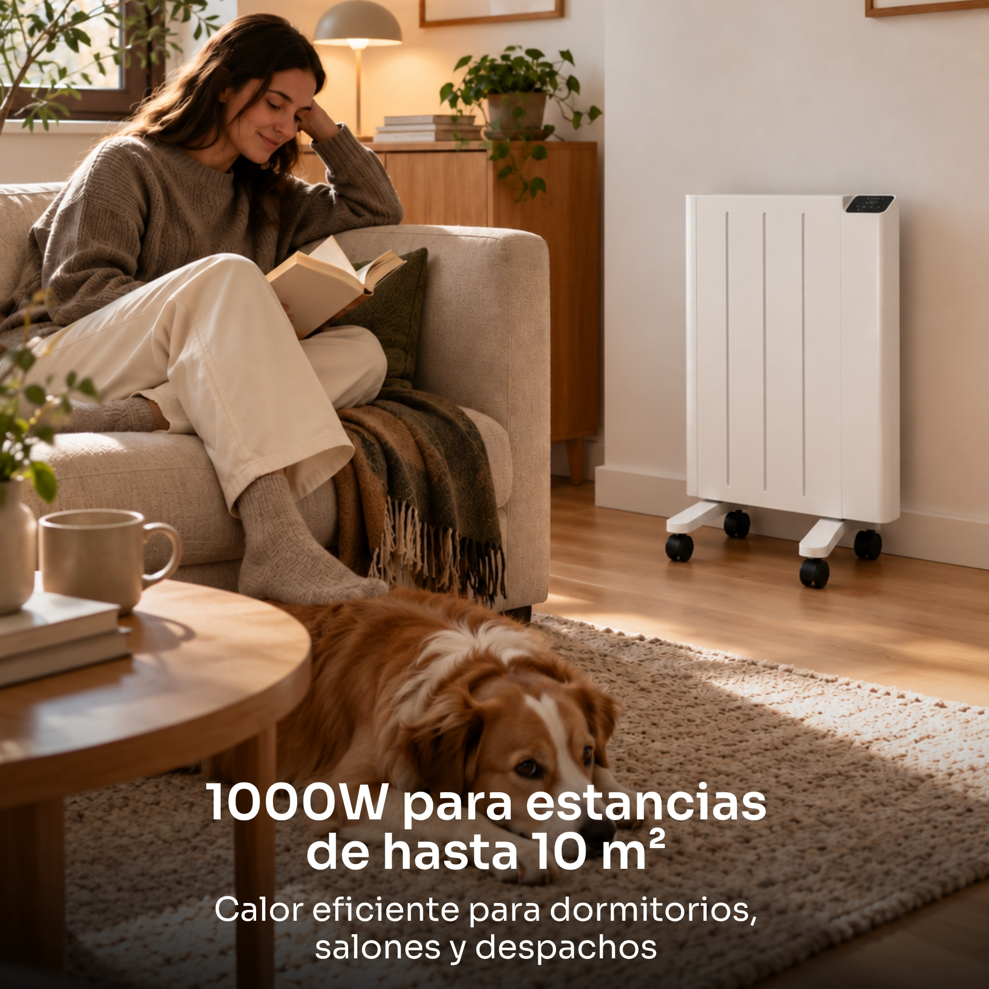 Mujer leyendo libro en sofá con perro en alfombra junto a calefactor blanco.