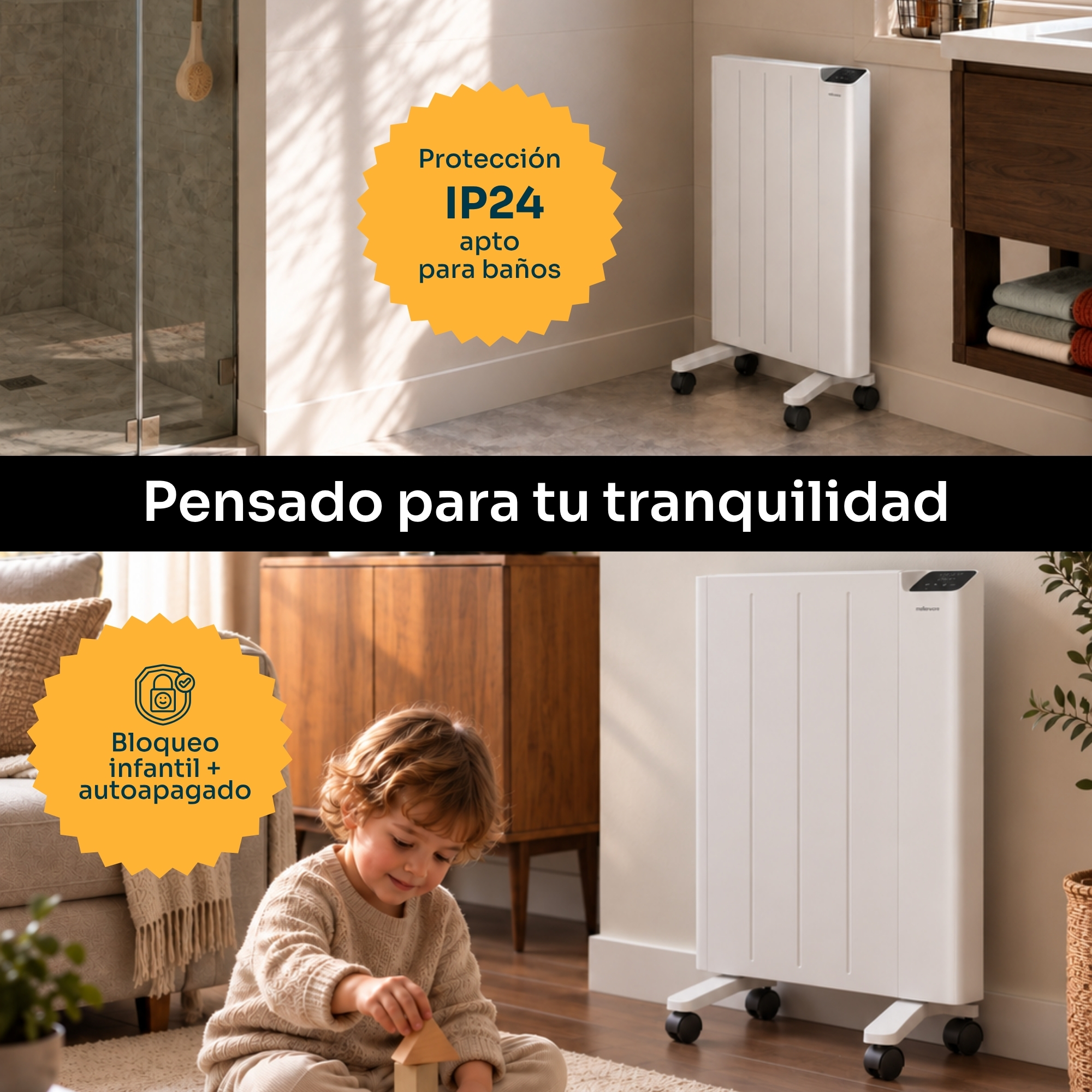 Calefactor eléctrico blanco en una habitación moderna, con un niño jugando y sellos promocionales.