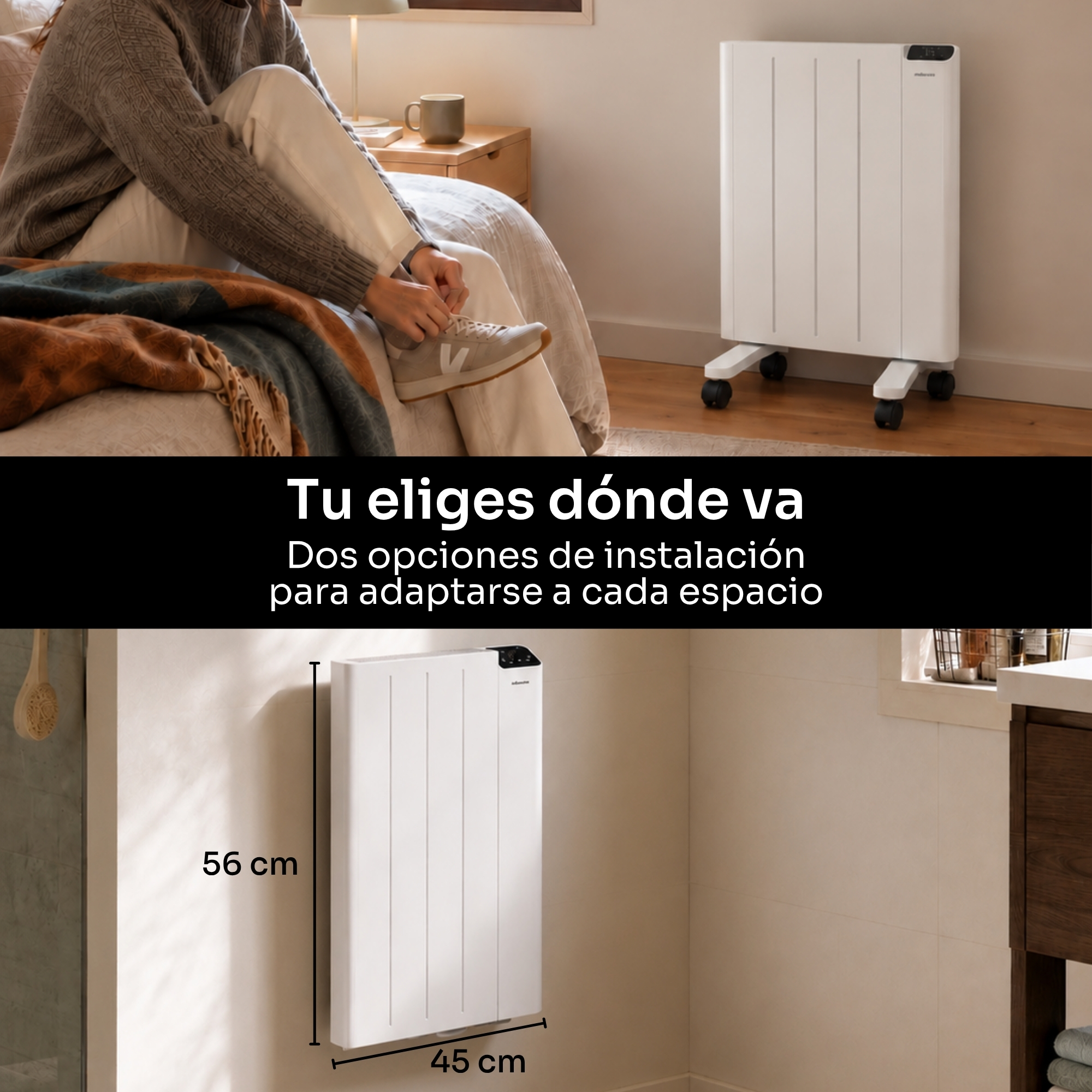 Calefactor eléctrico portátil blanco mostrado con ruedas y montado en pared con dimensiones 56x45 cm.