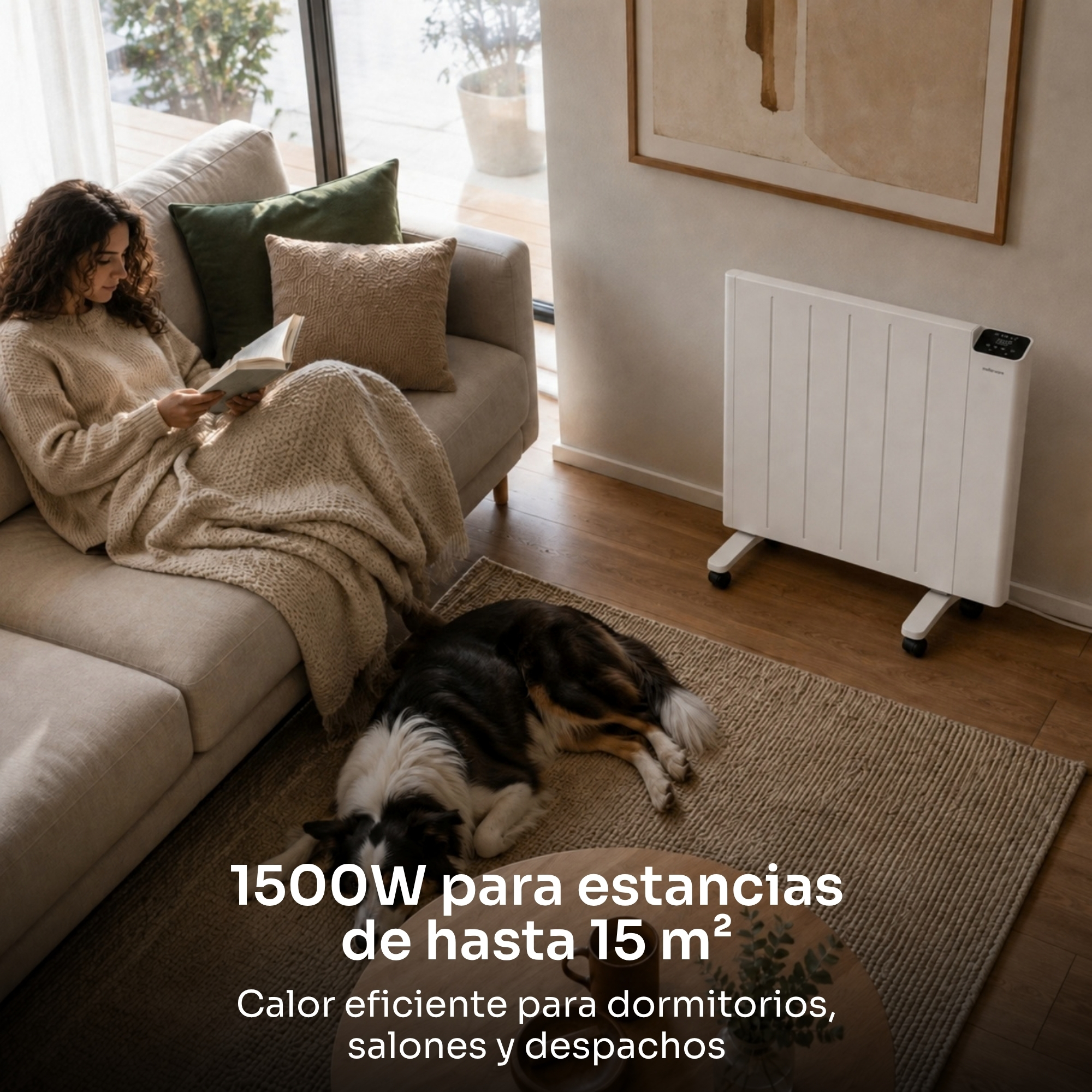 Una mujer lee en un sofá, un perro yace en la alfombra y un calefactor blanco está junto a la pared.