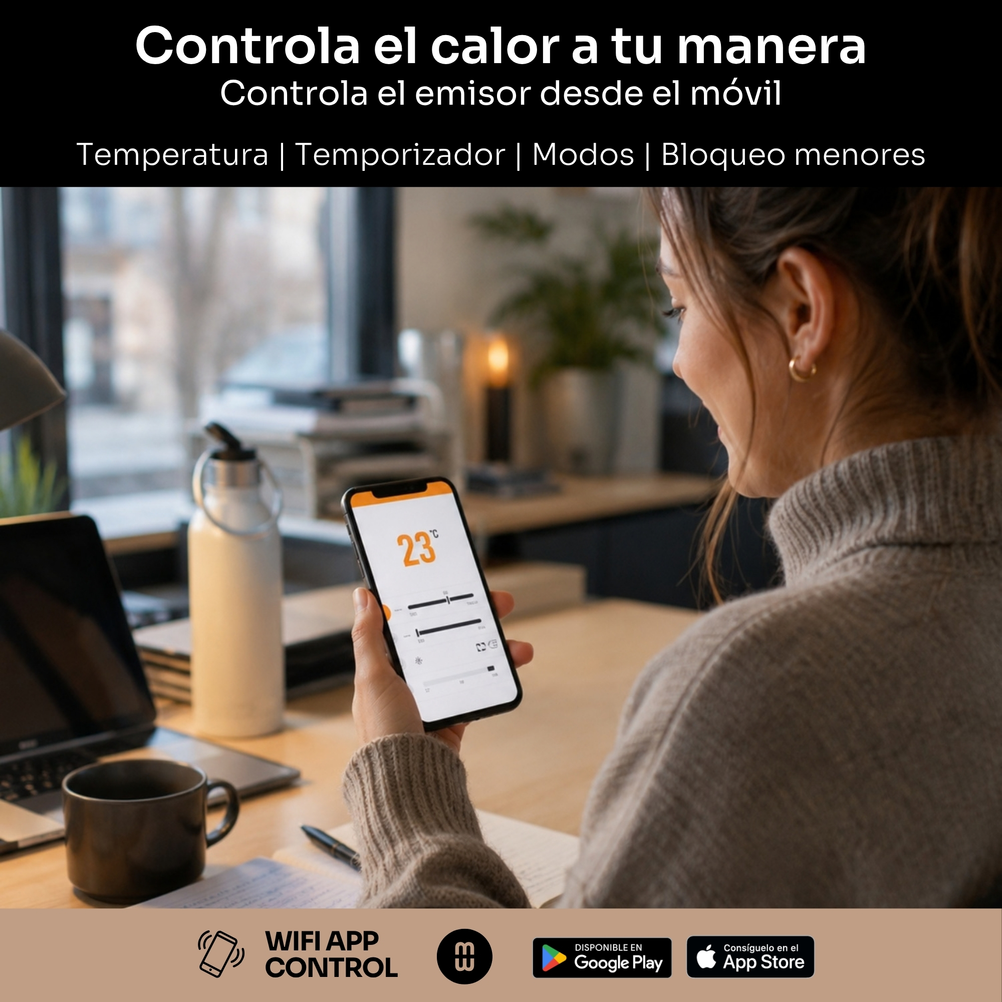 Una mujer controla una app de calefacción en su móvil en un escritorio.