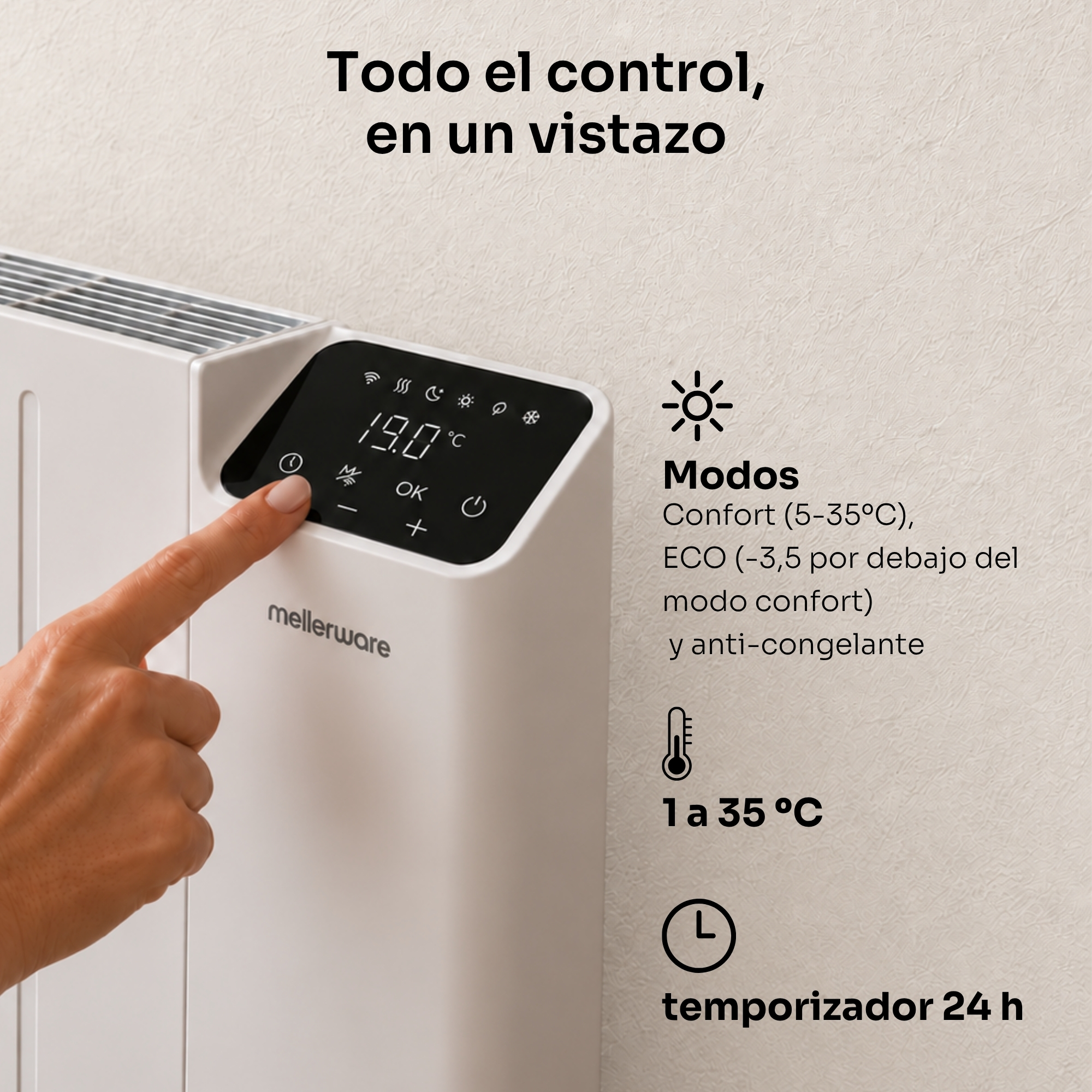 Mano tocando el panel de control digital de un calefactor blanco Mellerware.