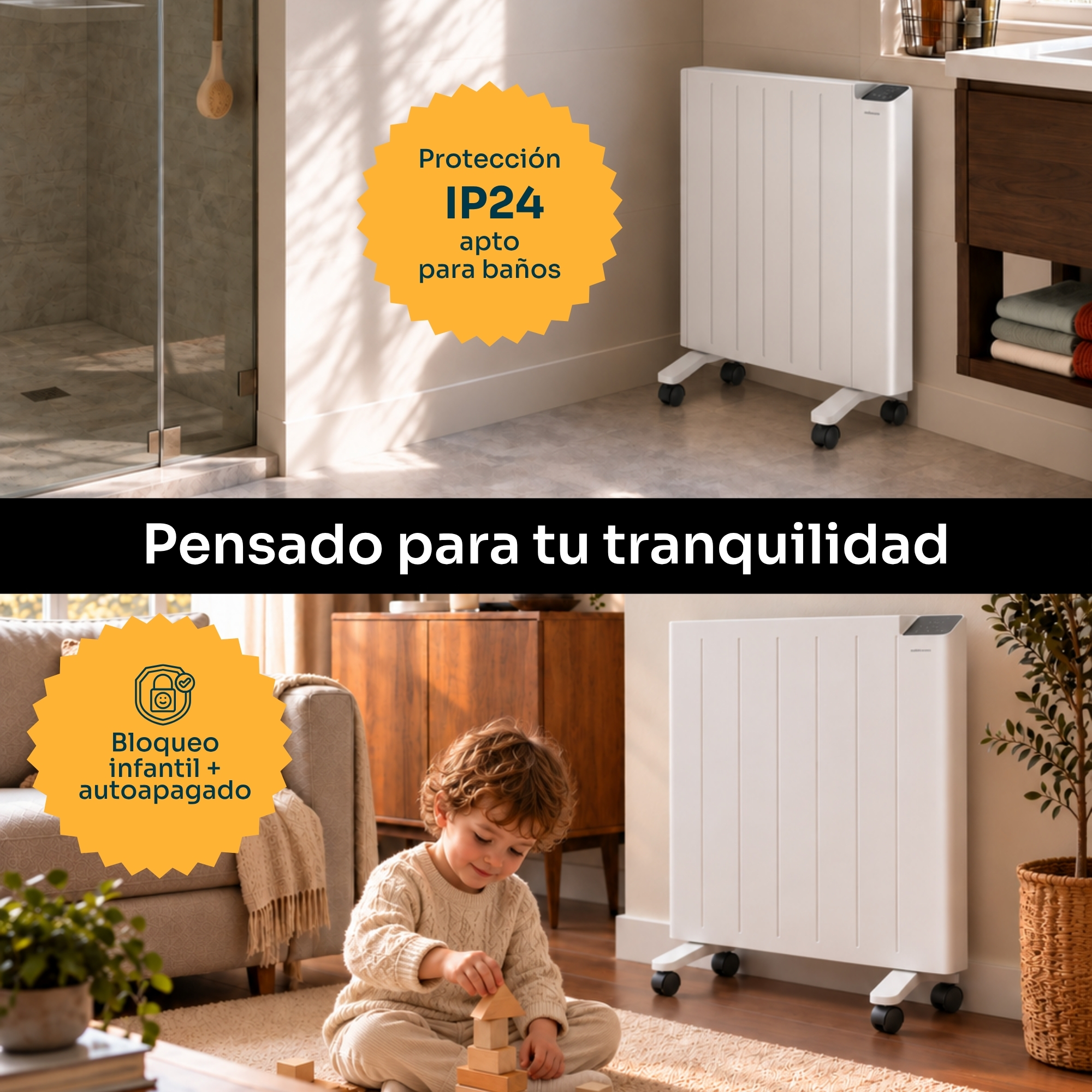 Imagen dividida con un calefactor blanco, una insignia amarilla con texto y un niño jugando en una alfombra.