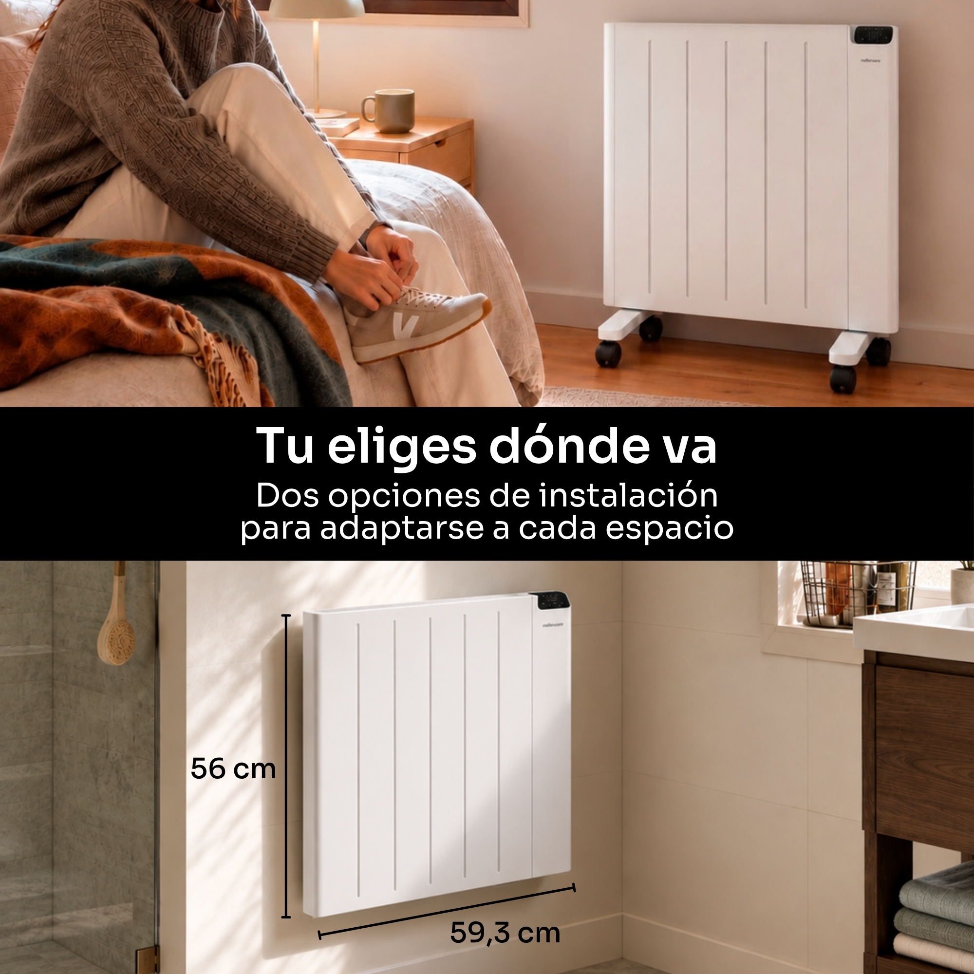 Un radiador blanco mostrado como unidad móvil con ruedas o montado en la pared.