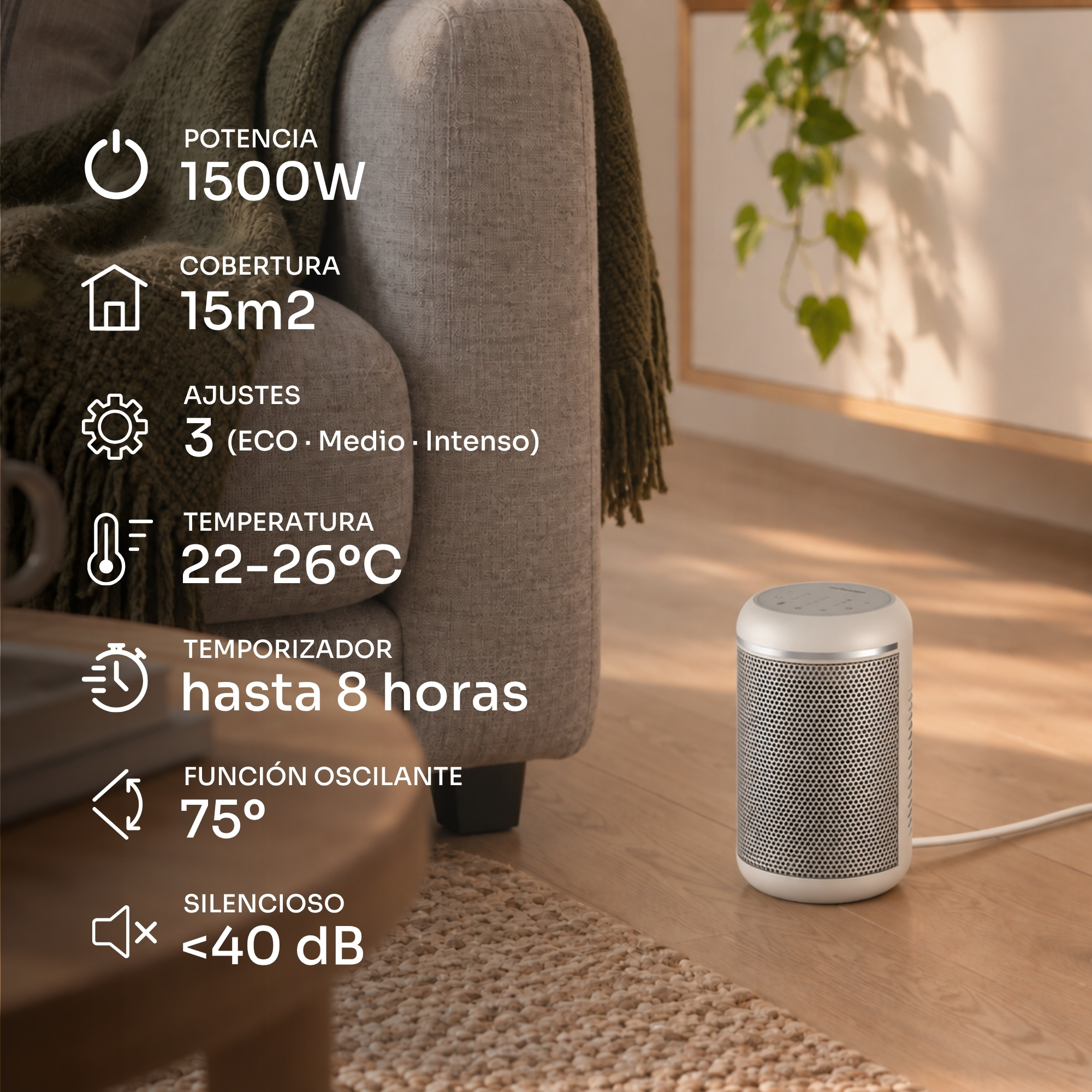 Un calefactor de torre portátil blanco sobre suelo de madera en un salón, con especificaciones técnicas.