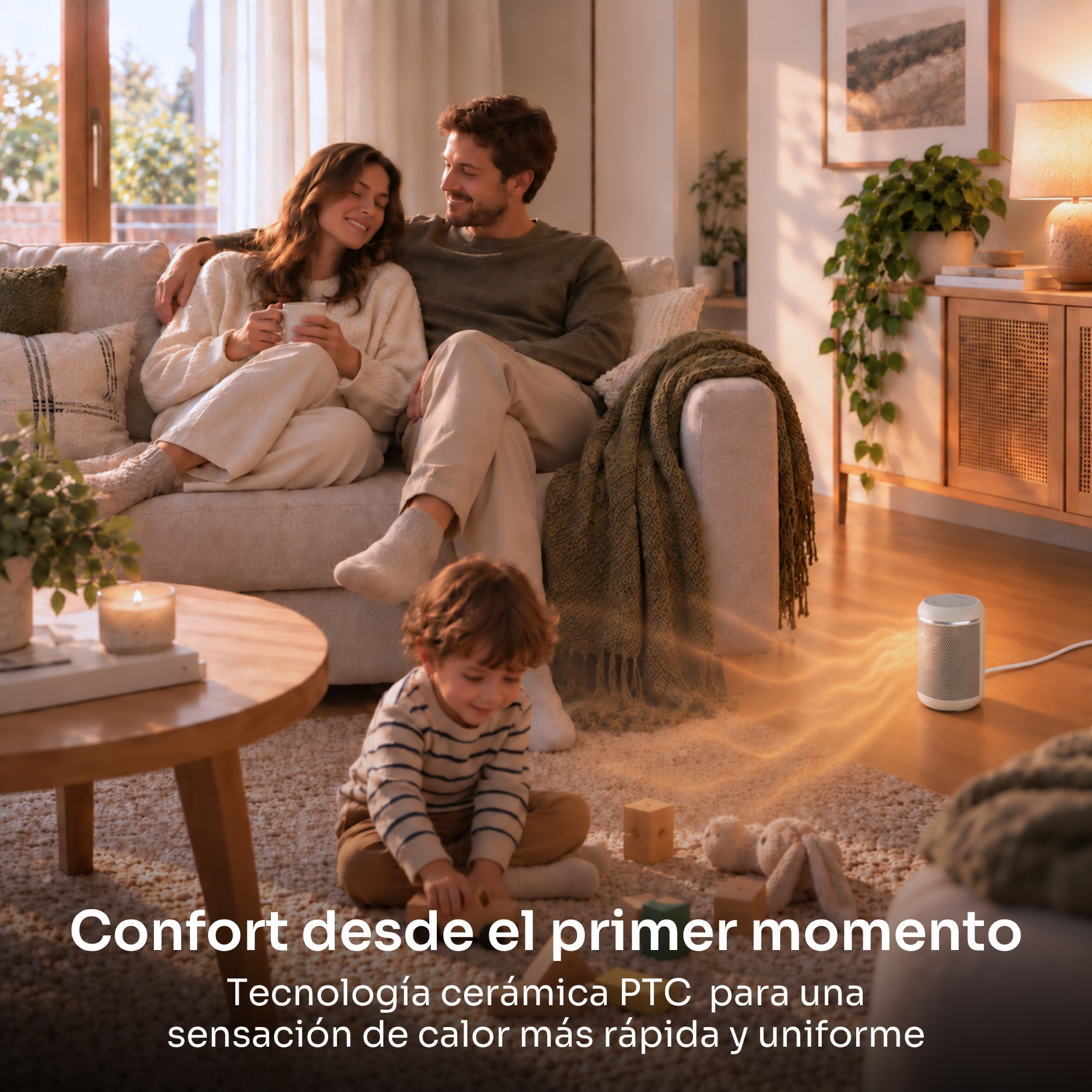 Una familia en una sala acogedora con un calefactor cerámico portátil en el suelo cerca de un niño jugando.