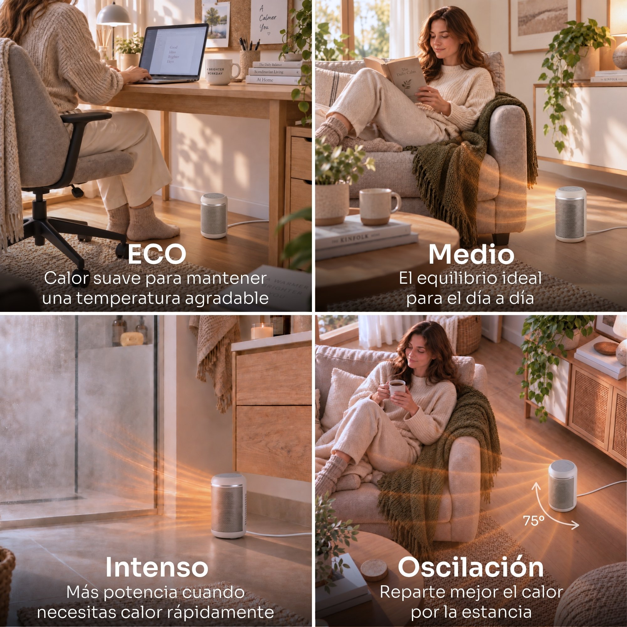 Cuatro imágenes muestran un calefactor de torre blanco en distintas habitaciones con ondas de calor.