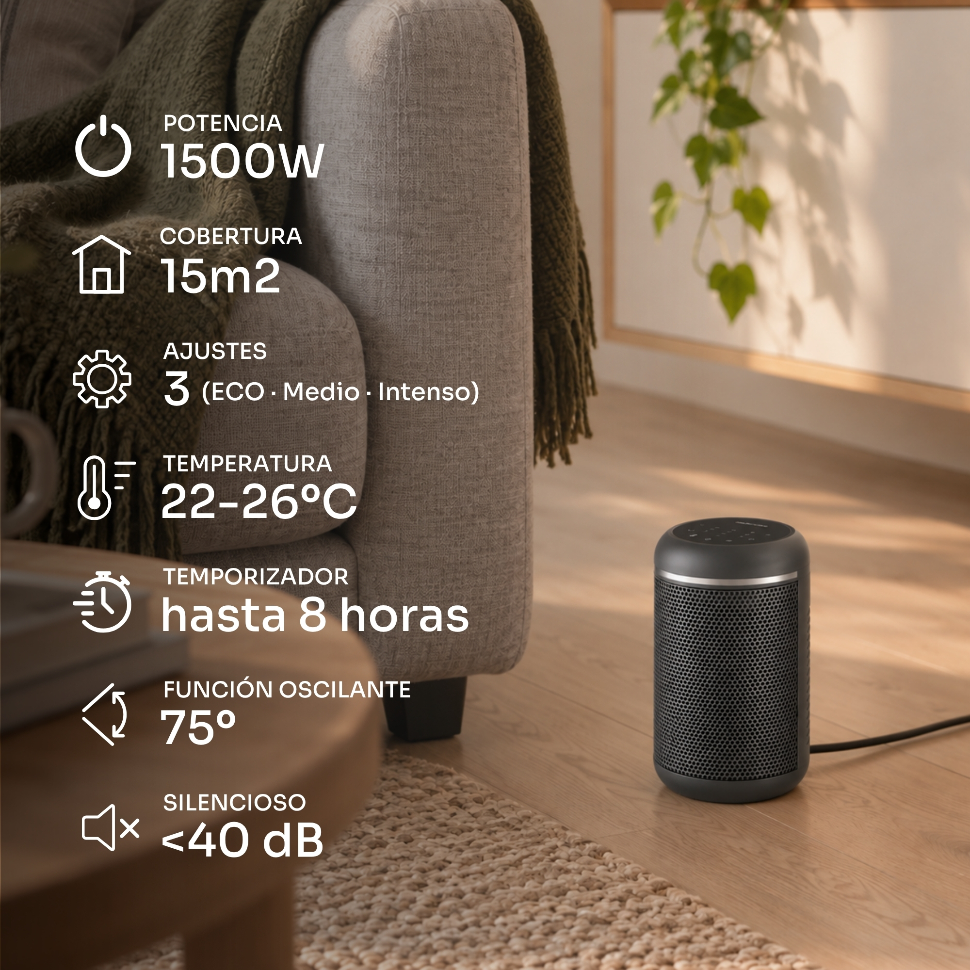 Calefactor en un salón con especificaciones técnicas superpuestas.
